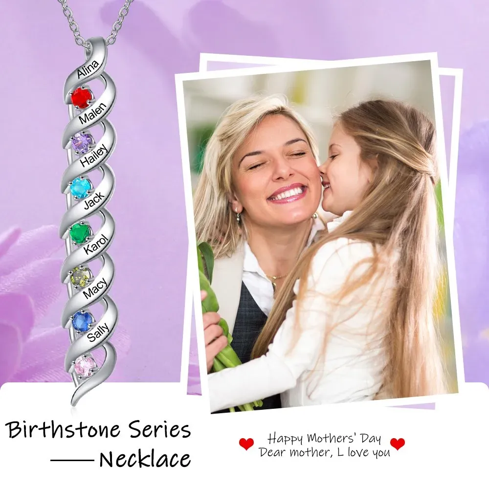 Personalisierter 8 Namen & 8 Geburtssteinen Silbernes Herz-Anhänger-Armband & Herz Halskette Geschenkbox-Set
