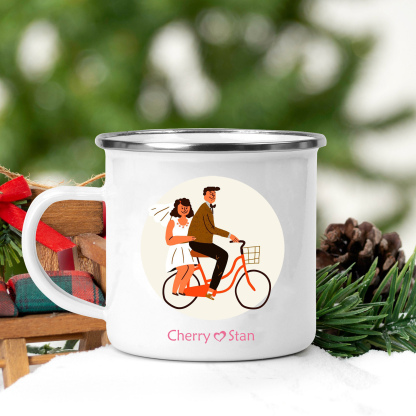 Emaille Tasse-Personalisierte 3 Namen Frischvermählte Radfahren Emaille Becher