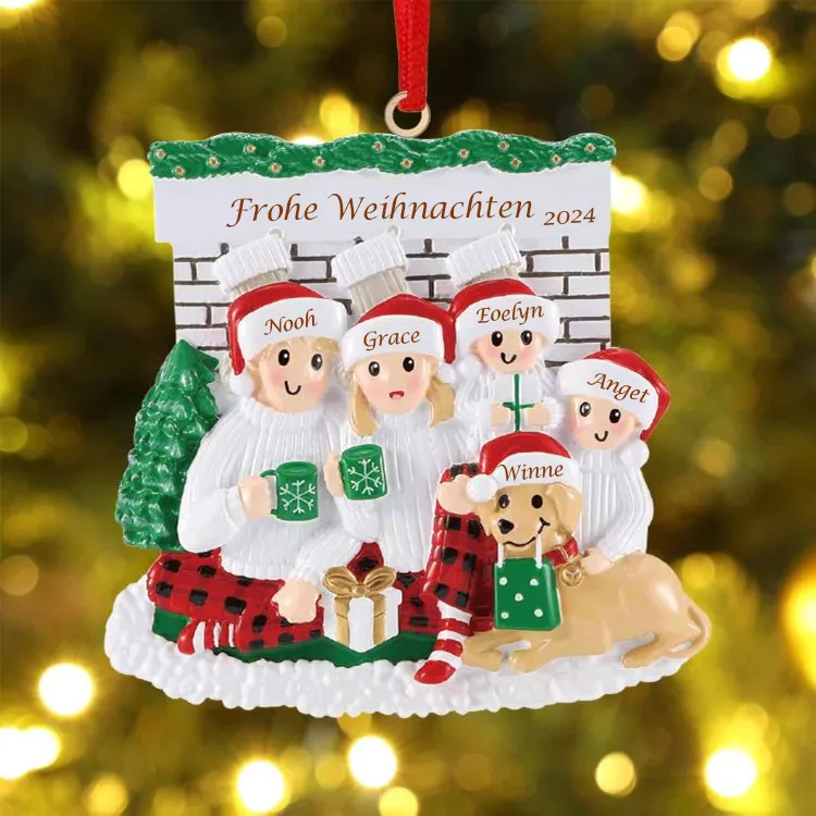 Holz Personalisierte 5 Namen & Jahr & Text Kamin Weihnachtsornament Weihnachtsbaum Anhänger mit 4 Familienmitgliedern und 1 Hund