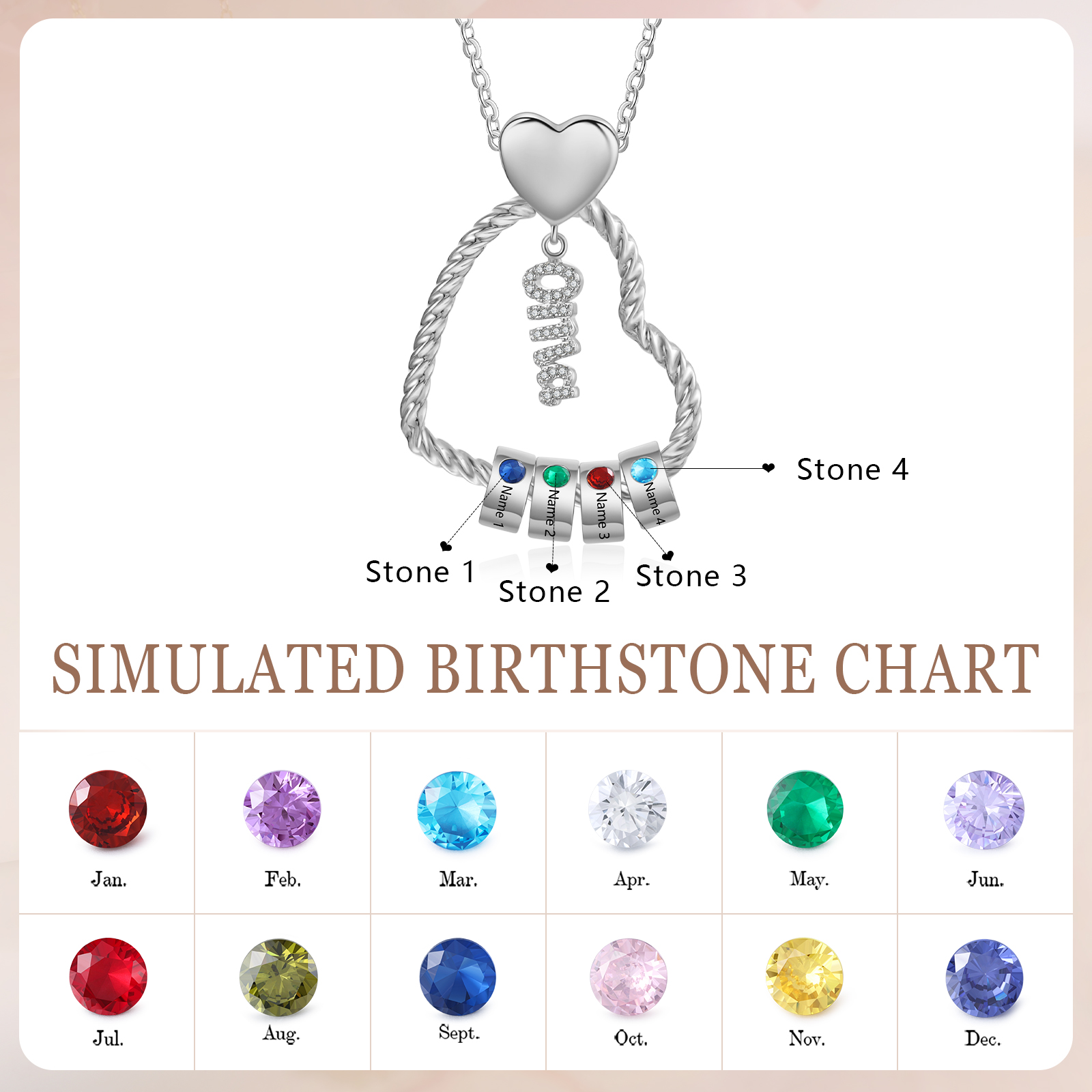 Personalisierte 4 Namen Herz Halskette mit 4 Geburtssteinen - Du machst meine Well bunter. Oma Schön, dass es Dich gibt - Geschenk mit Nachrichtenkarte