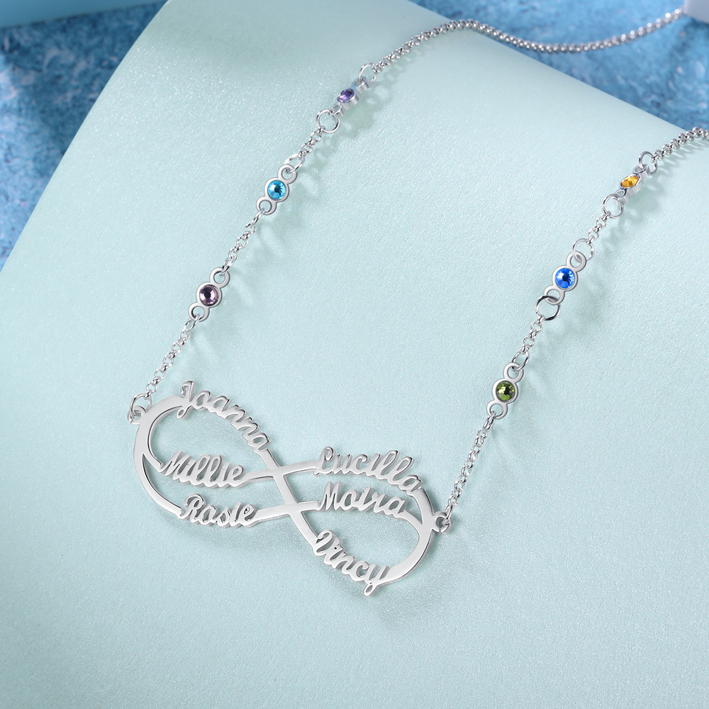 Benutzerdefinierte Unendlichkeit Infinity Halskette mit 6 Geburtssteinen und  6 Namen
