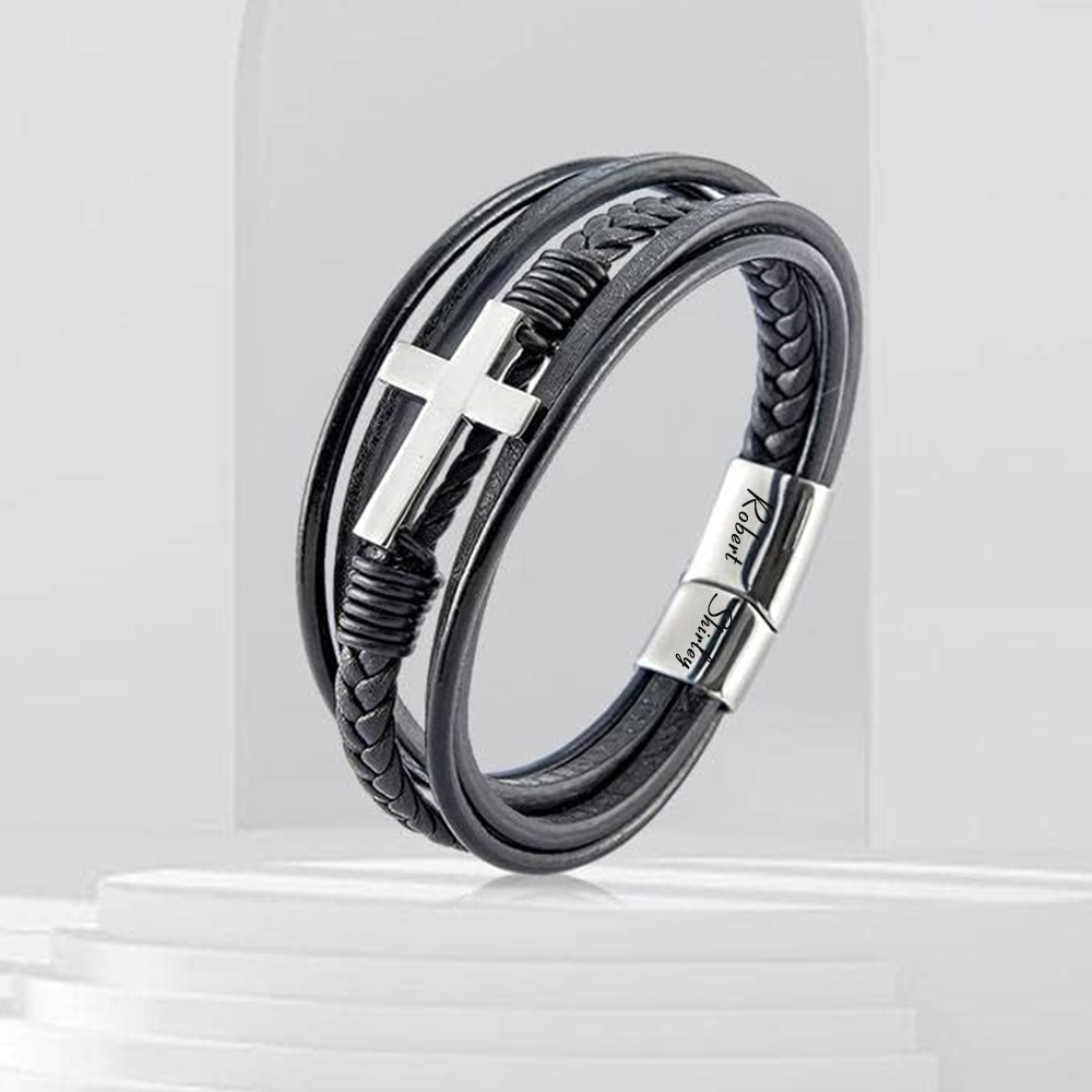 Herren Armband-Personalisiertes 2 Namen Leder Kreuz Kommunion Armband 