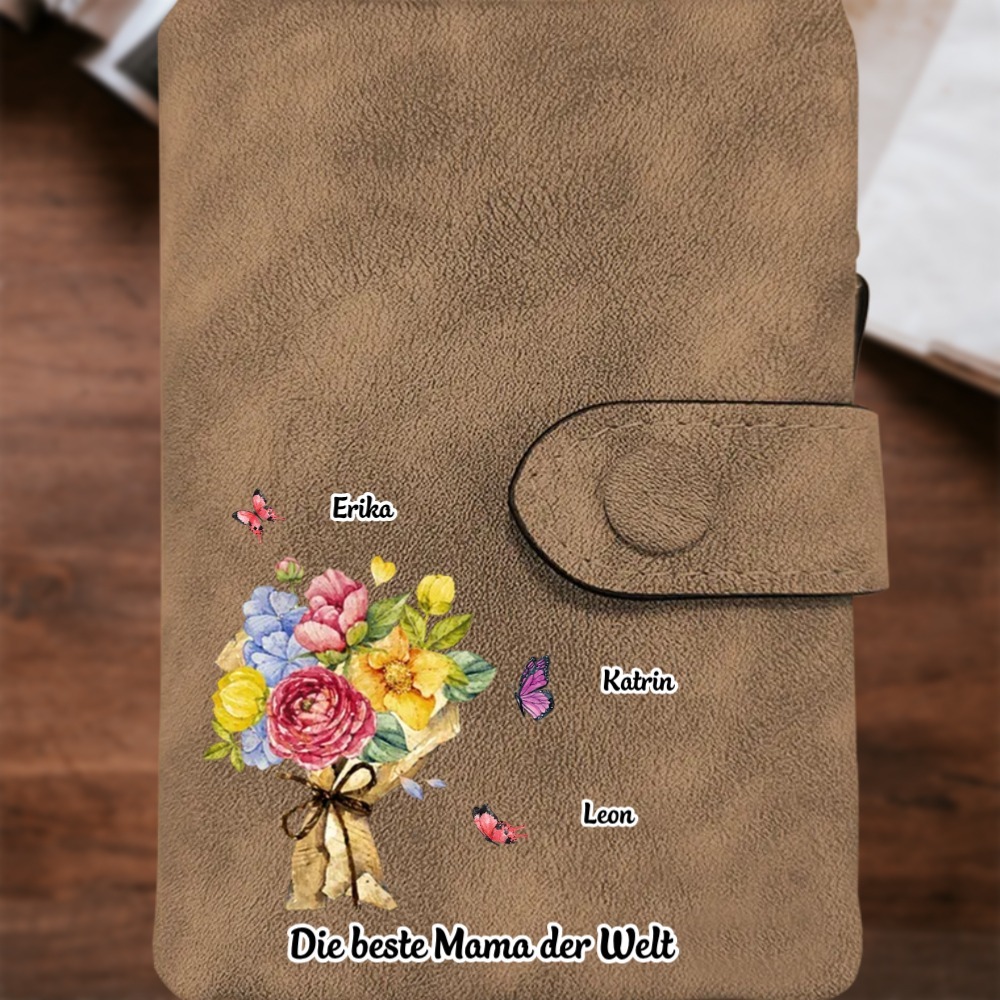 Damen Personalisierte 1-6 Namen & Text Blumen & Schmetterling PU Leder Geldbörse für Mama