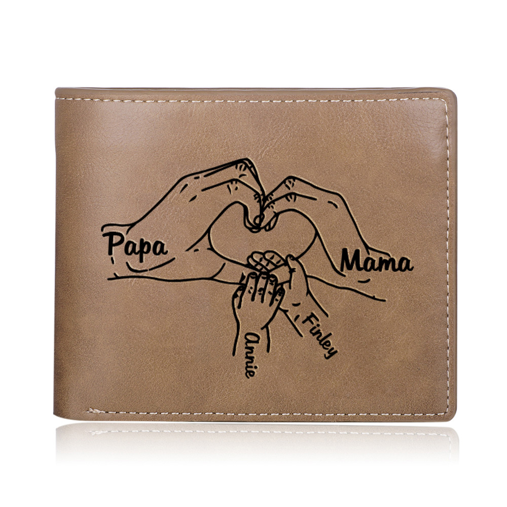 Personalisiertes Foto & 4 Namen Herz Hand Familie Leder Herren Geldbörse