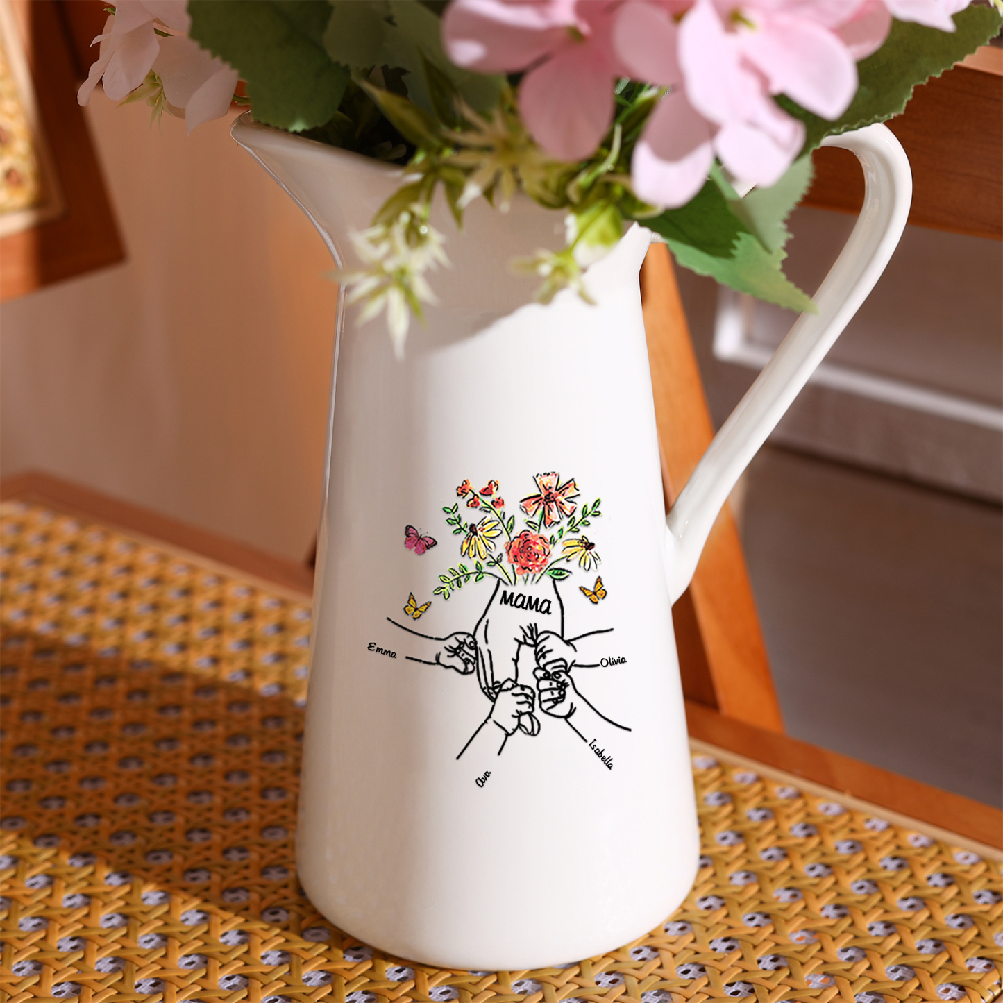 Personalisierte 4 Namen & Text Blumen Hand Gießvase mit Henkel Familie Vase