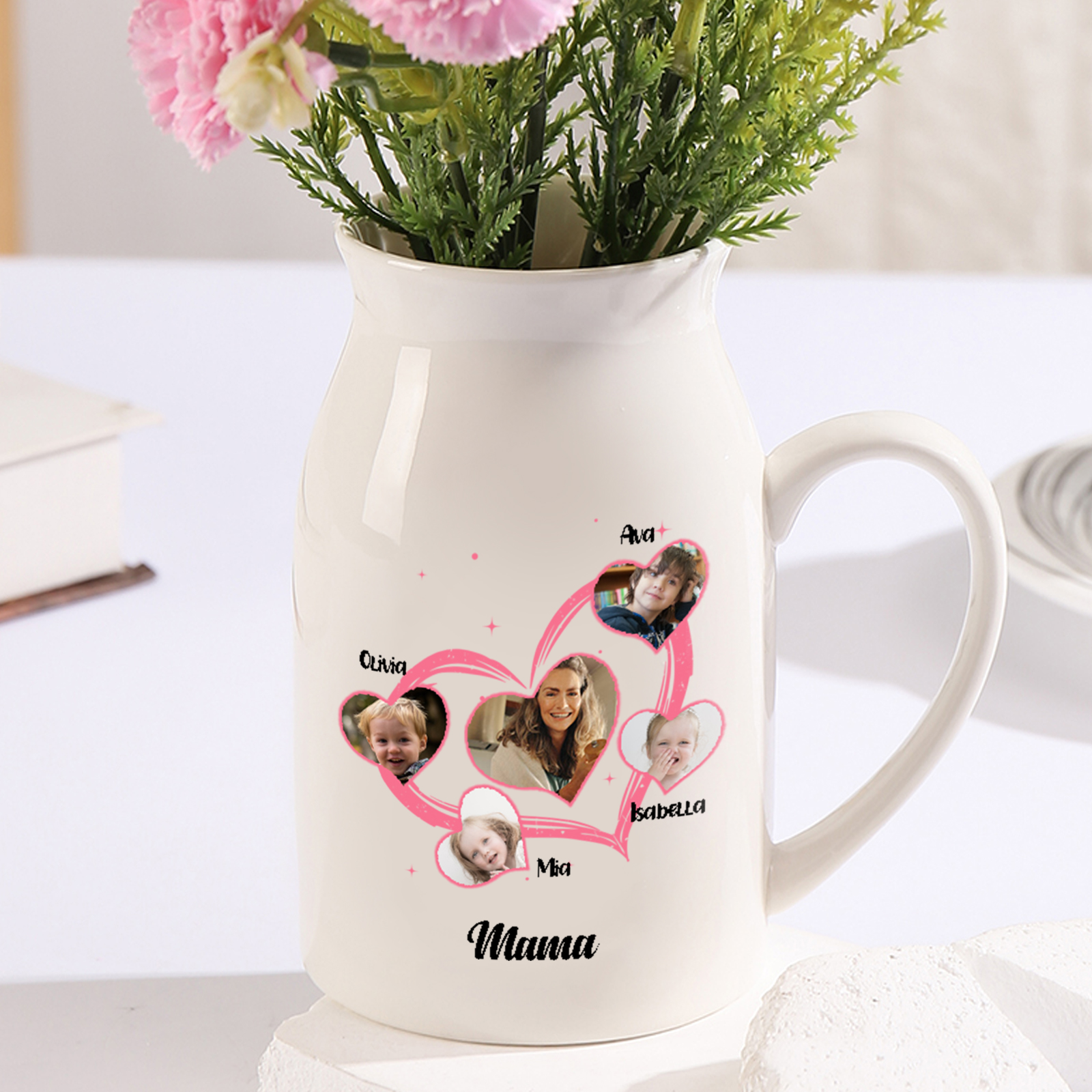 Personalisierte 4 Namen & 5 Foto & Text Herz Familie Vase