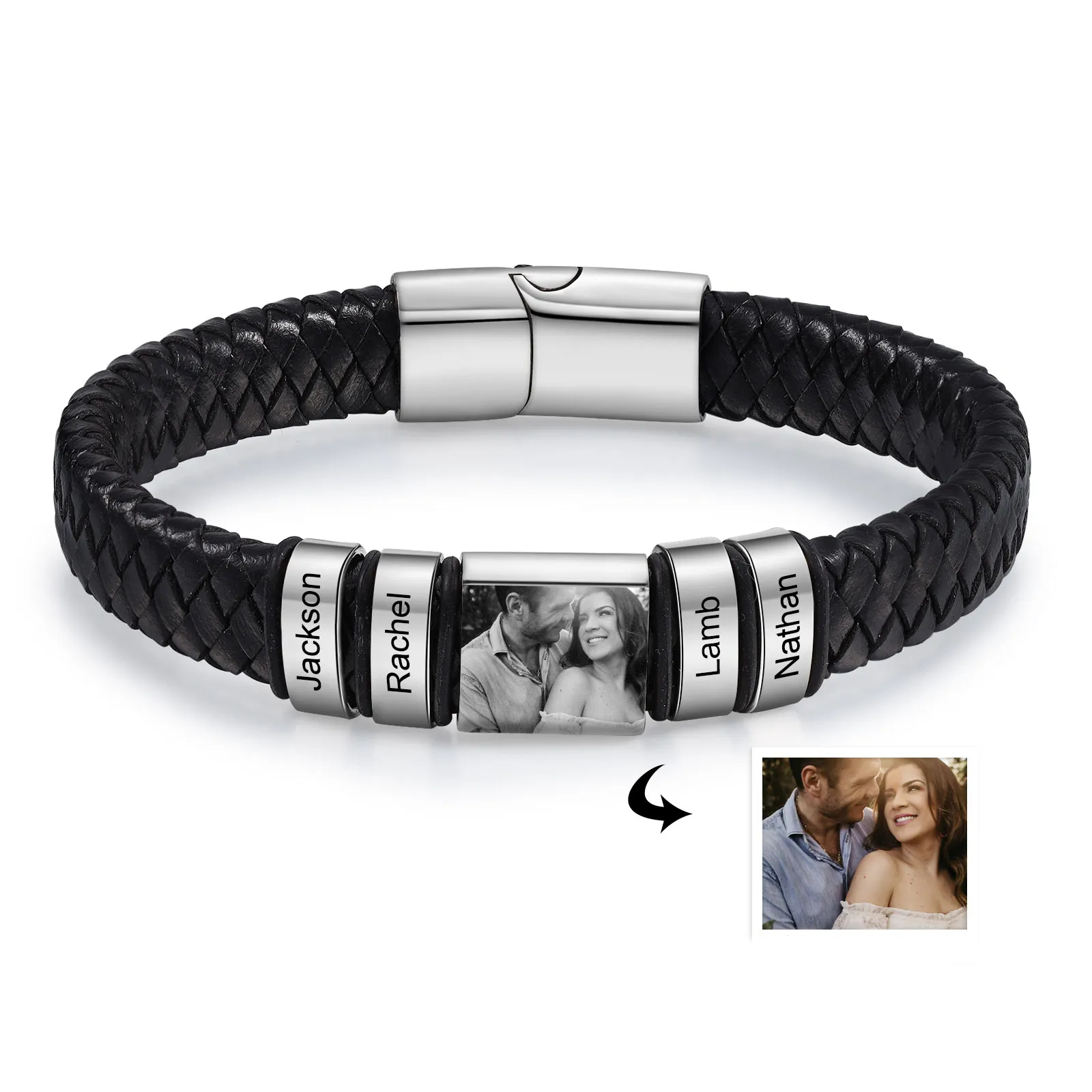 Herren Personalisierte 2-5 Namen & Foto Geflochtenes Leder Armband
