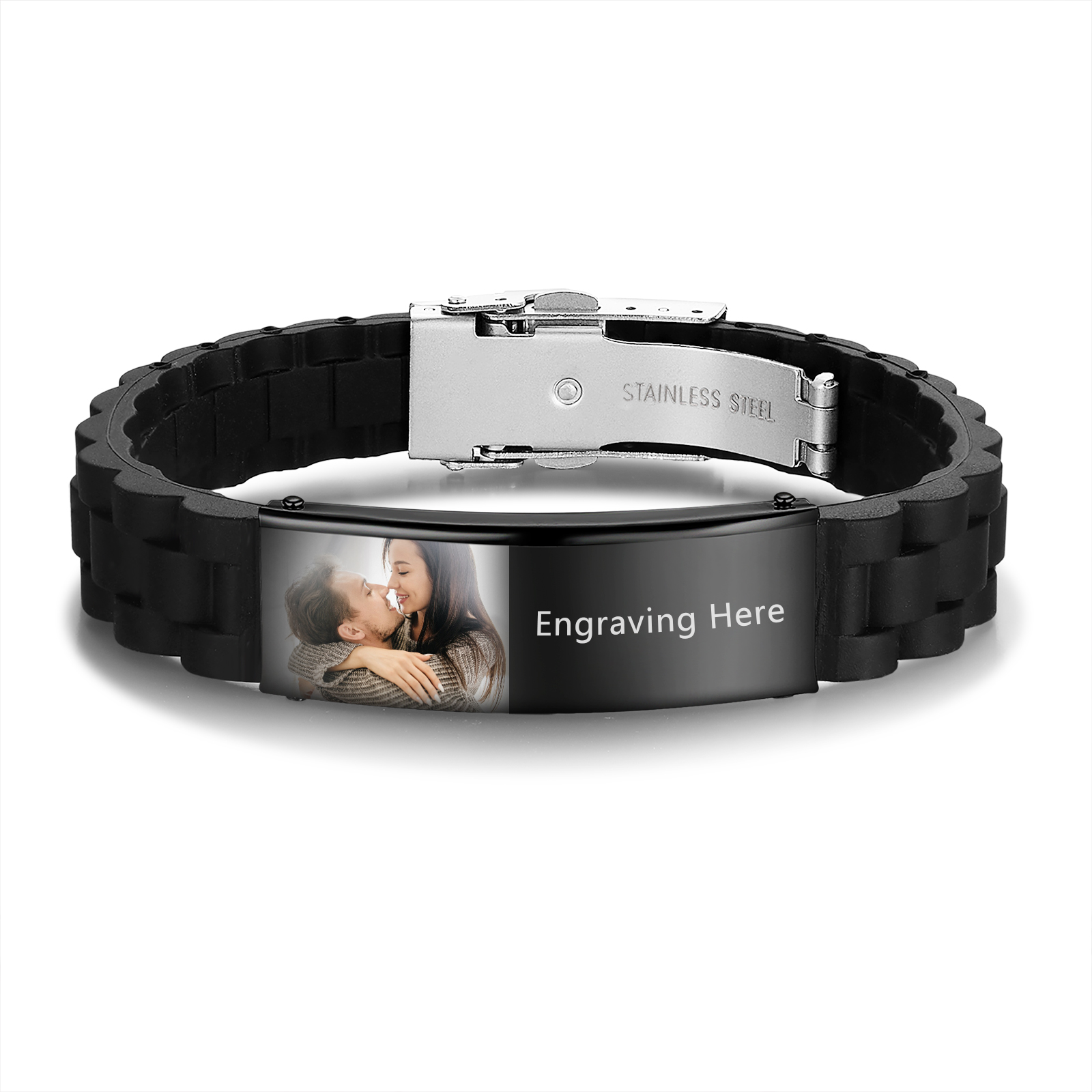 Herren Armband-Personalisiertes Foto & Text Edelstahl Silikon Armband