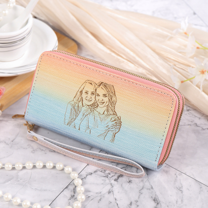Damen Personalisiertes Foto PU Leder Regenbogen lange Geldbörse mit Reißverschluss