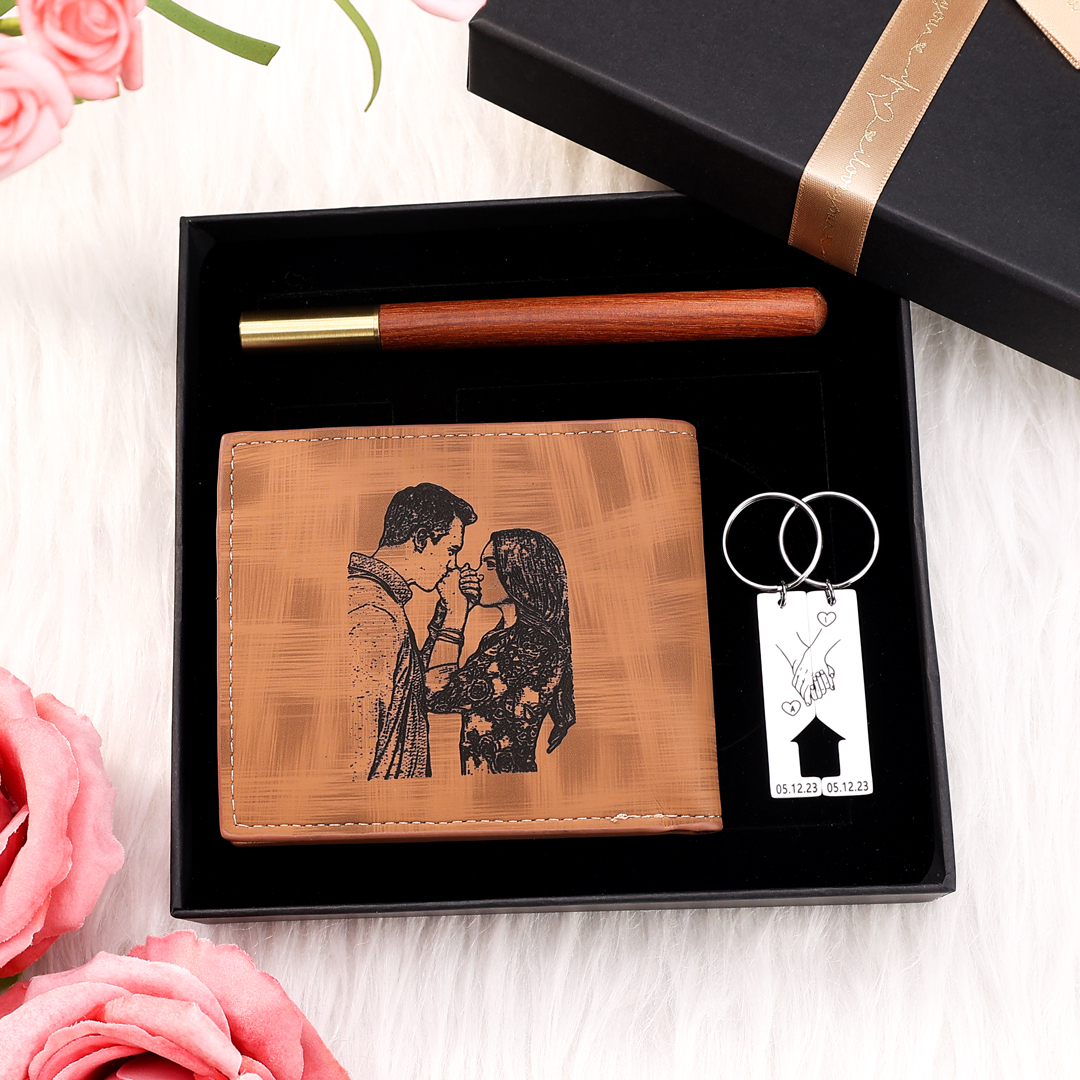 Personalisierte Foto & Text Geldbörse & Foto & 2 Buchstaben & Datum Schlüsselanhänger & Stift Geschenkpackung Geschenkset für Mann Freund