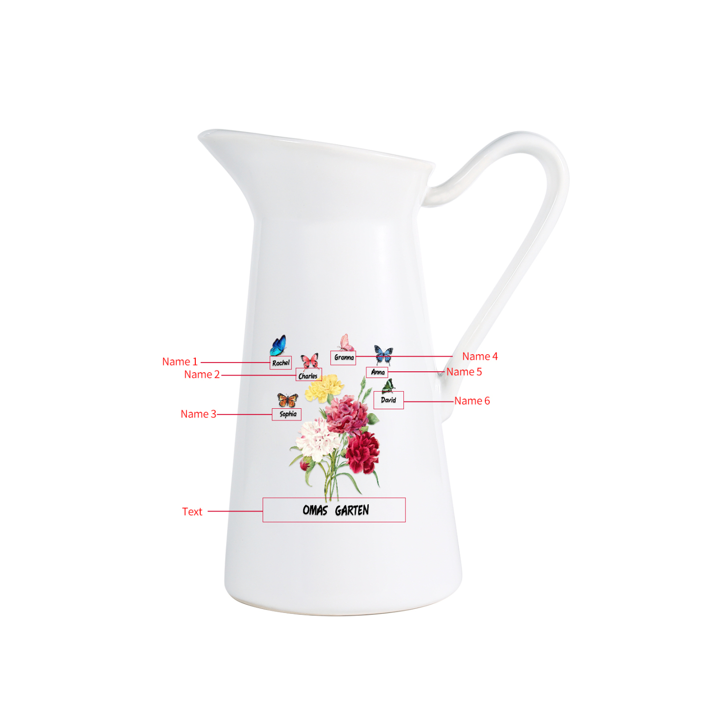 Personalisierte 6 Namen & Text Blumen & Schmetterling Gießvase mit Henkel Familie Vase
