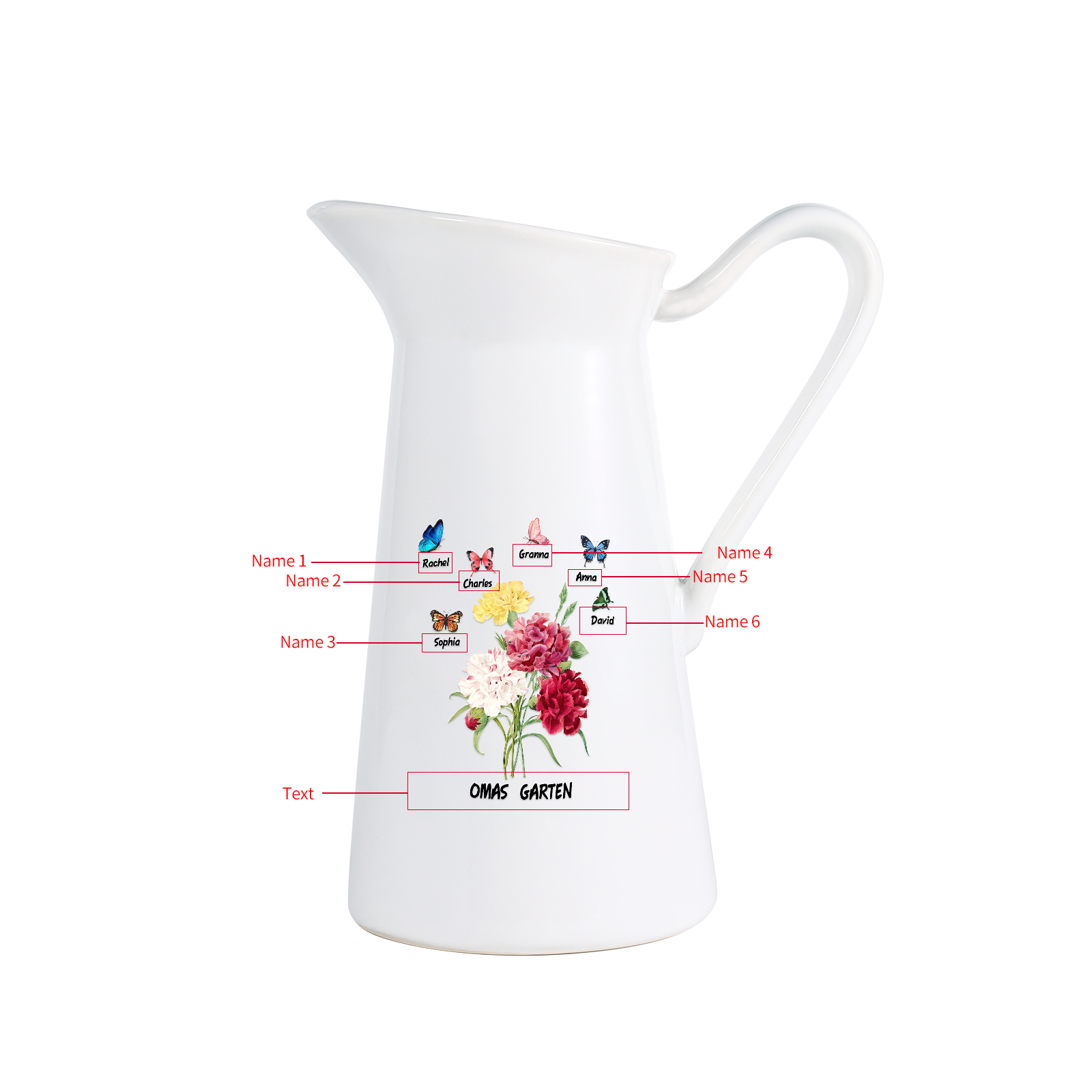 Personalisierte 6 Namen & Text Blumen & Schmetterling Gießvase mit Henkel Familie Vase
