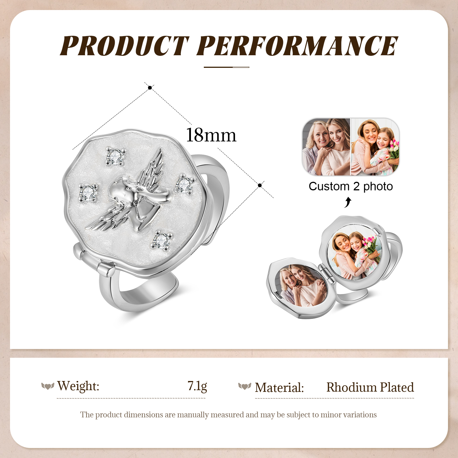 Personalisierter Medaillon-Ring mit Engel-Relief und 2 Fotos