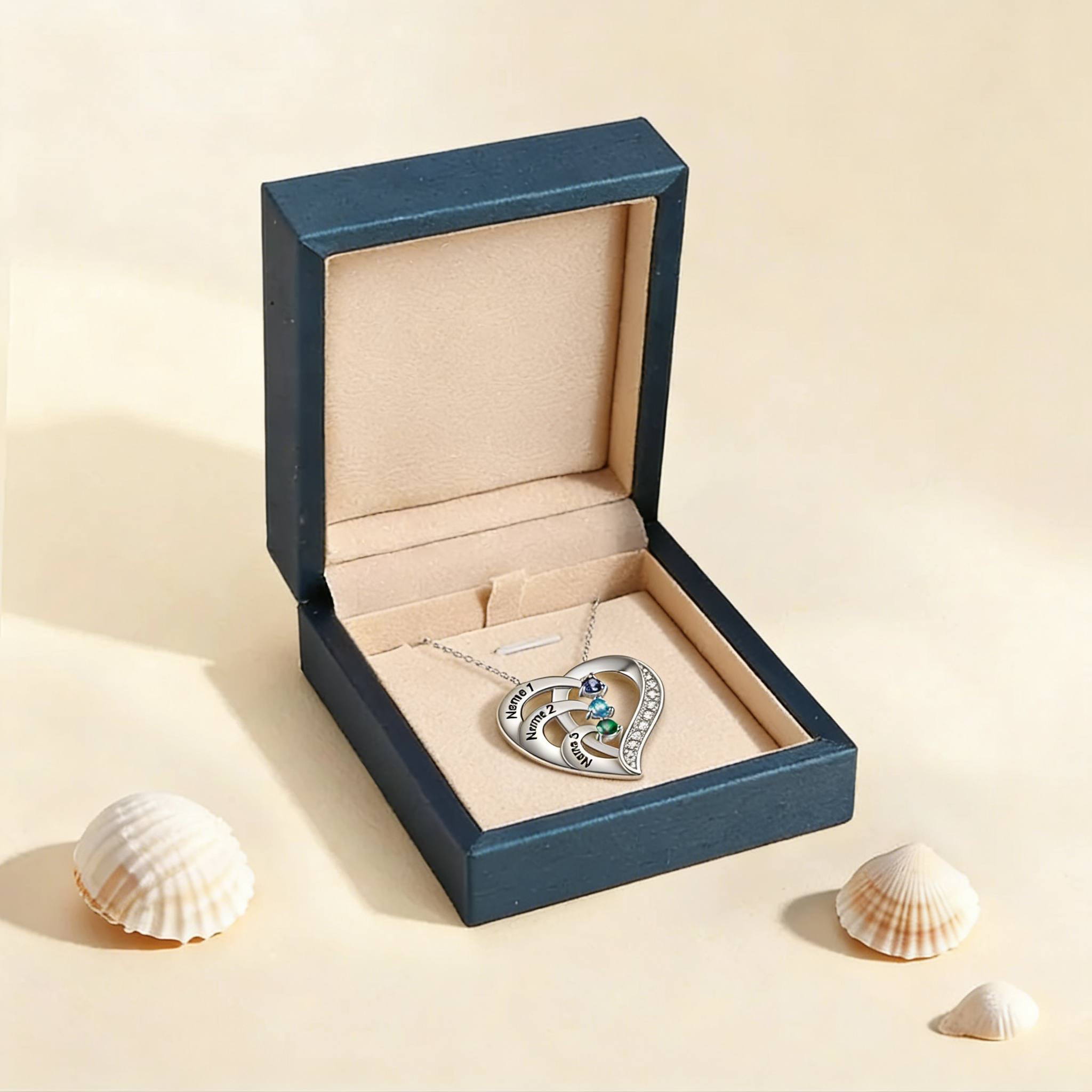 925 Sterling Silber Personalisierte 3 Namen Herz Halskette mit 3 Geburtssteinen