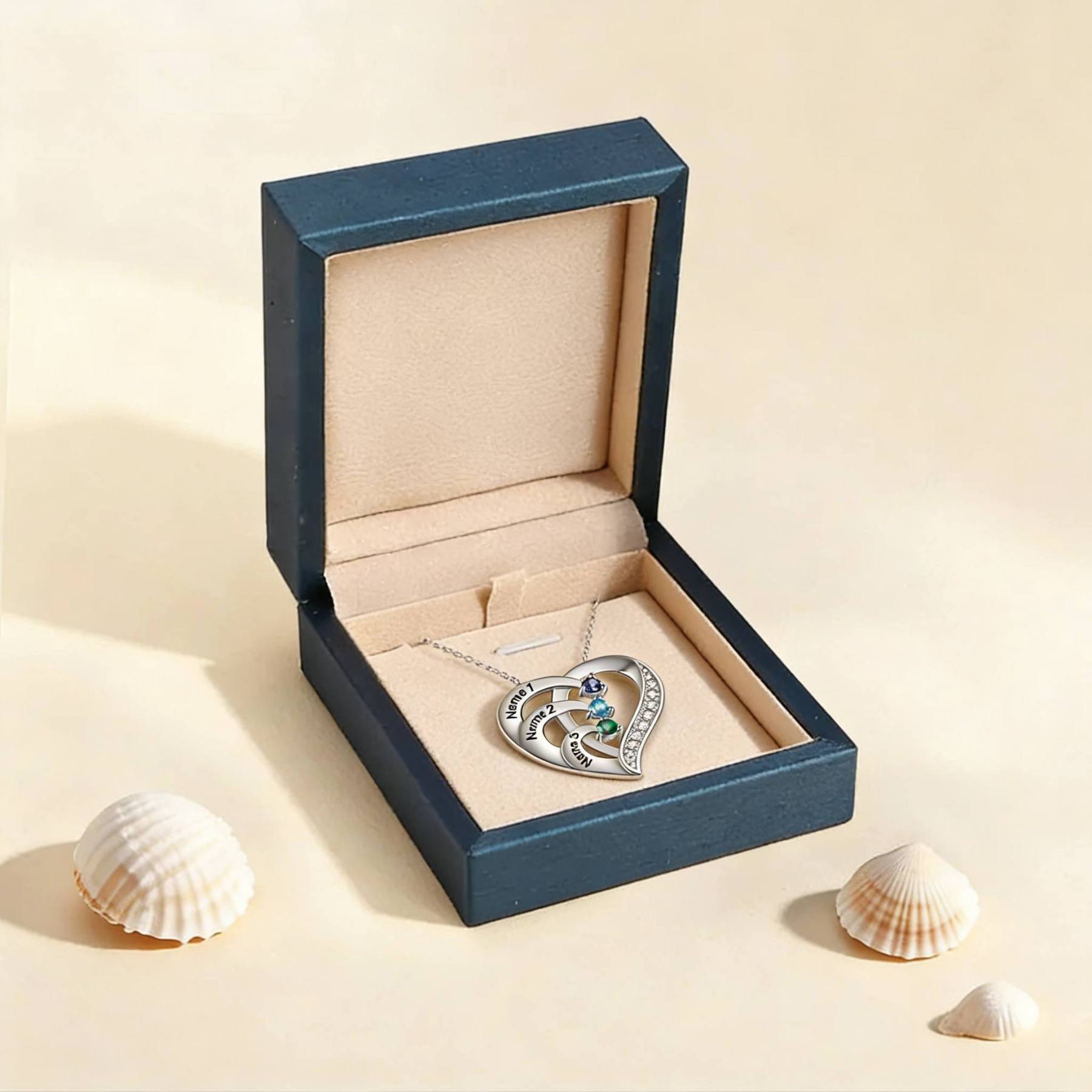 925 Sterling Silber Personalisierte 3 Namen Herz Halskette mit 3 Geburtssteinen