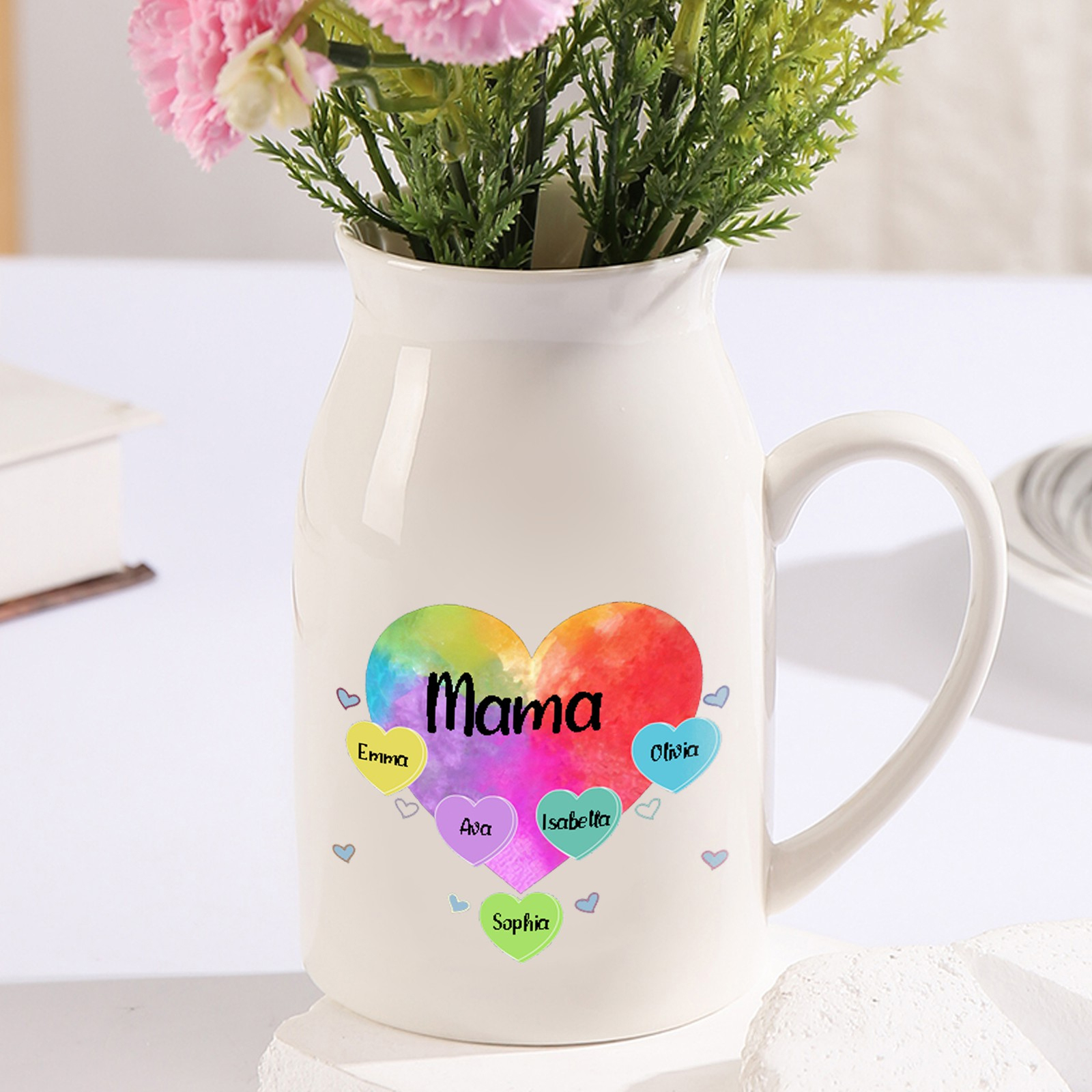 Personalisierte 5 Namen & Text Buntes Herz Familie Vase