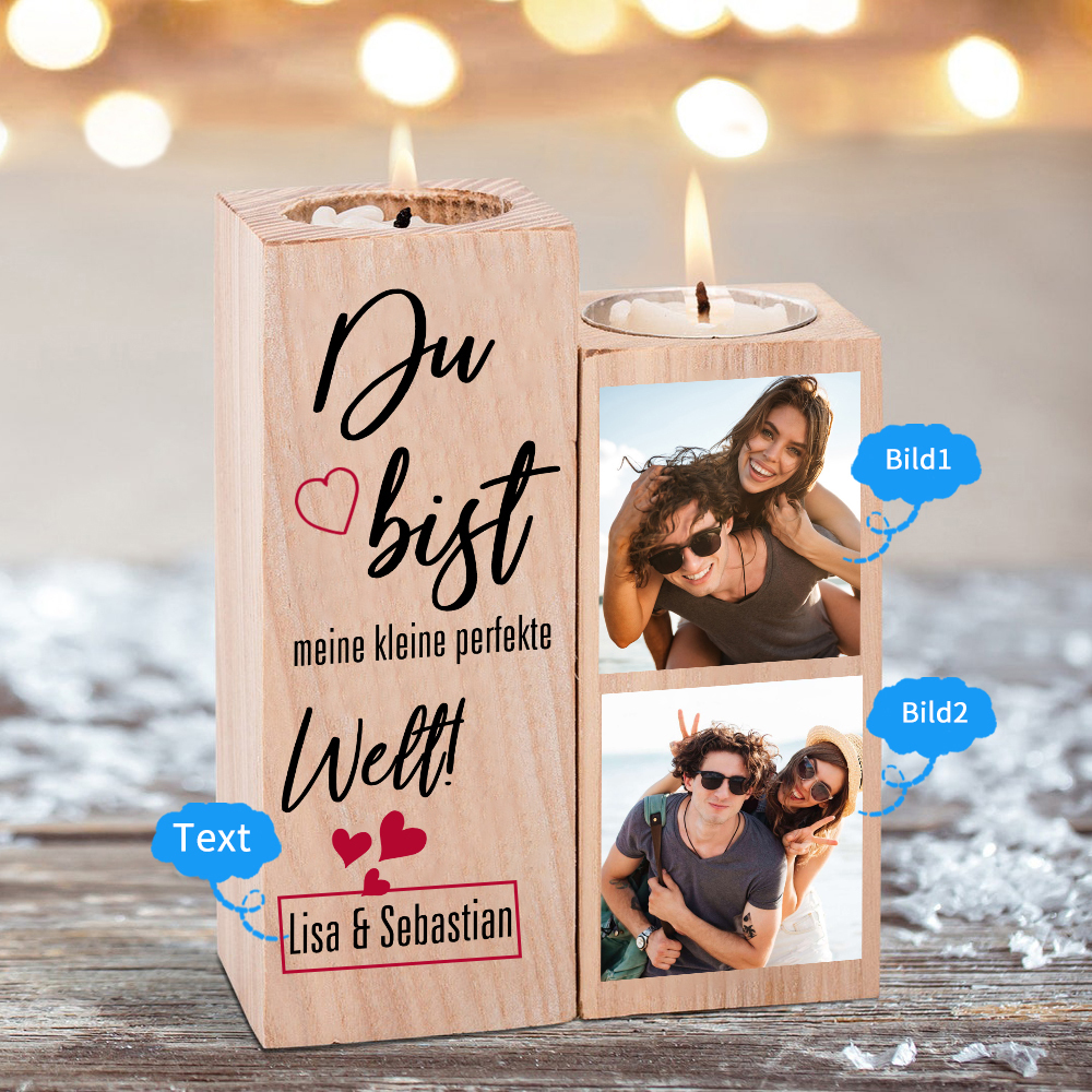 Personalisiertes 2 Foto & Text Kerzenhalter- Du bist meine kleine perfekte Welt-Geschenk für Paare