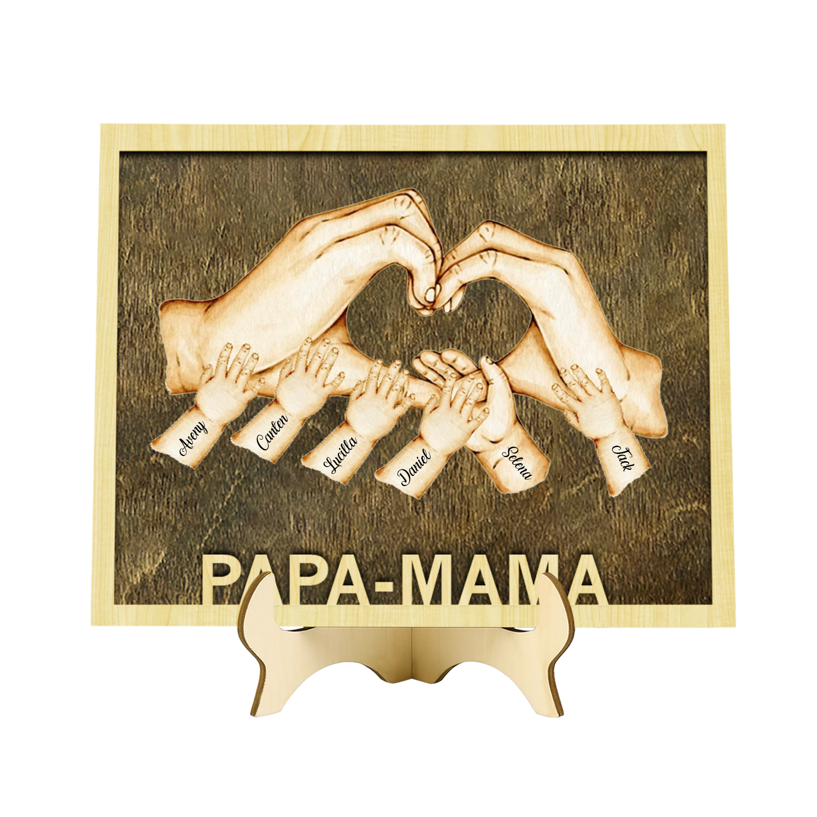 PAPA-MAMA Holz Deko-Personalisierbare 6 Namen Ornament Familie Hand in Hand Holzdekoration für Eltern
