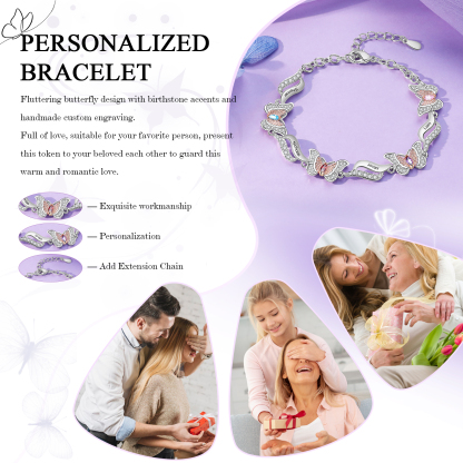 Personalisierte 4 Namen & 4 Geburtssteine Schmetterling Armband mit Zirkonia