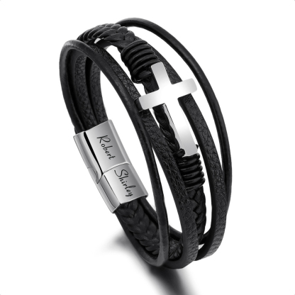 Herren Armband-Personalisiertes 2 Namen Leder Kreuz Kommunion Armband 