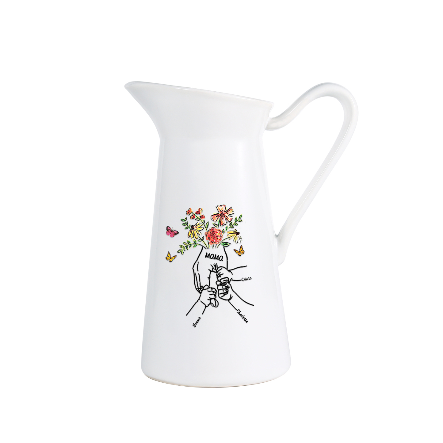 Personalisierte 3 Namen & Text Blumen Hand Gießvase mit Henkel Familie Vase