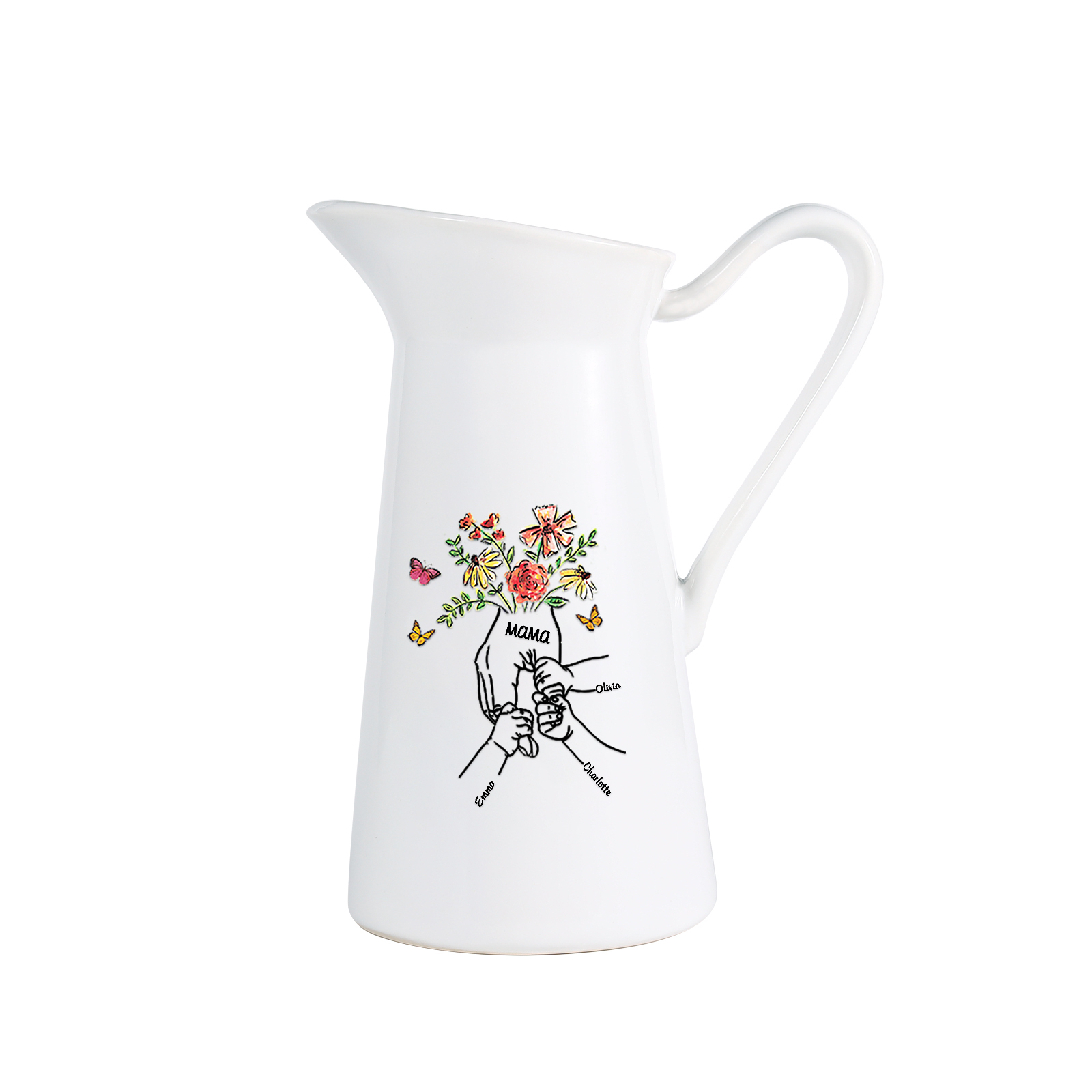 Personalisierte 3 Namen & Text Blumen Hand Gießvase mit Henkel Familie Vase
