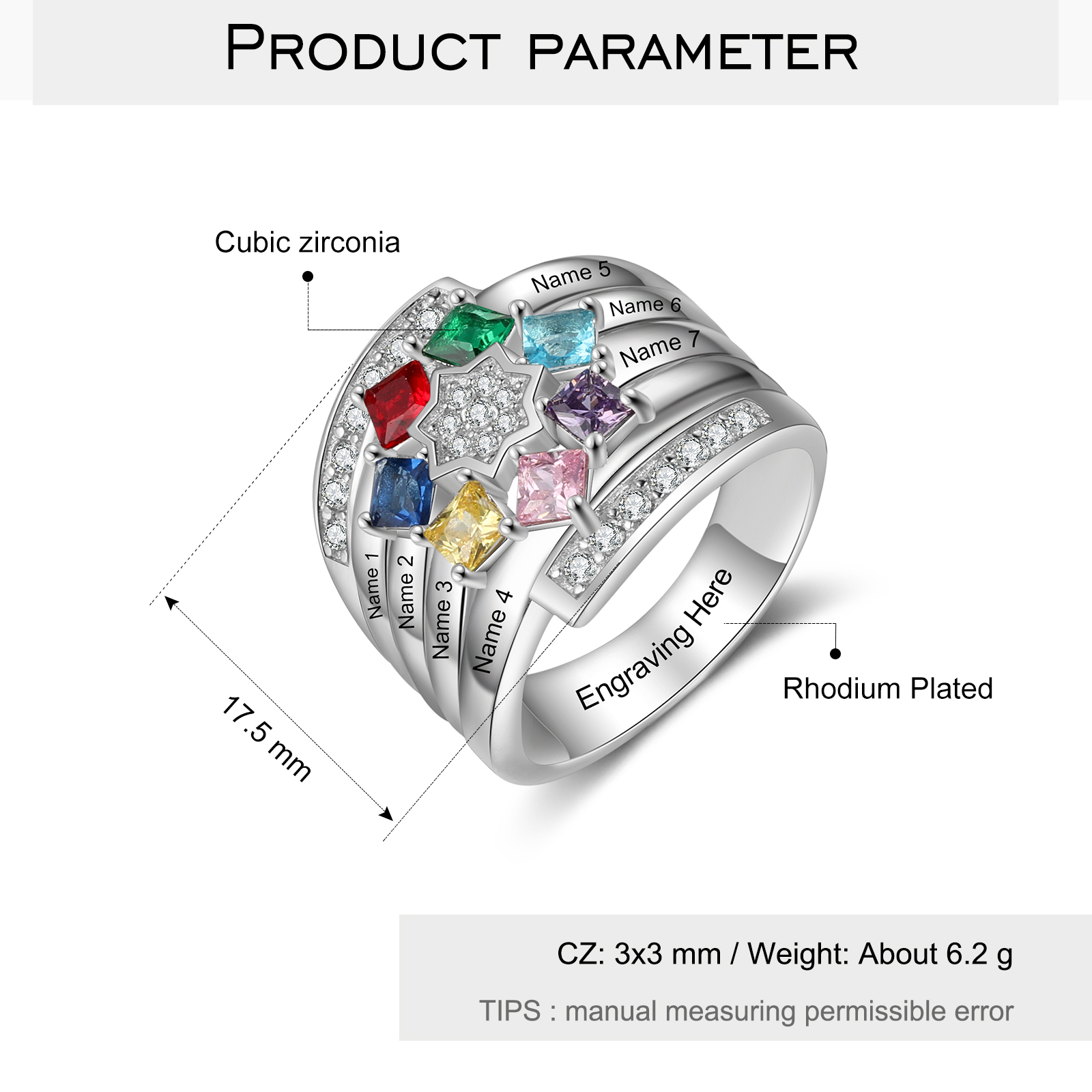 Personalisierter 7 Geburtssteine Namensring