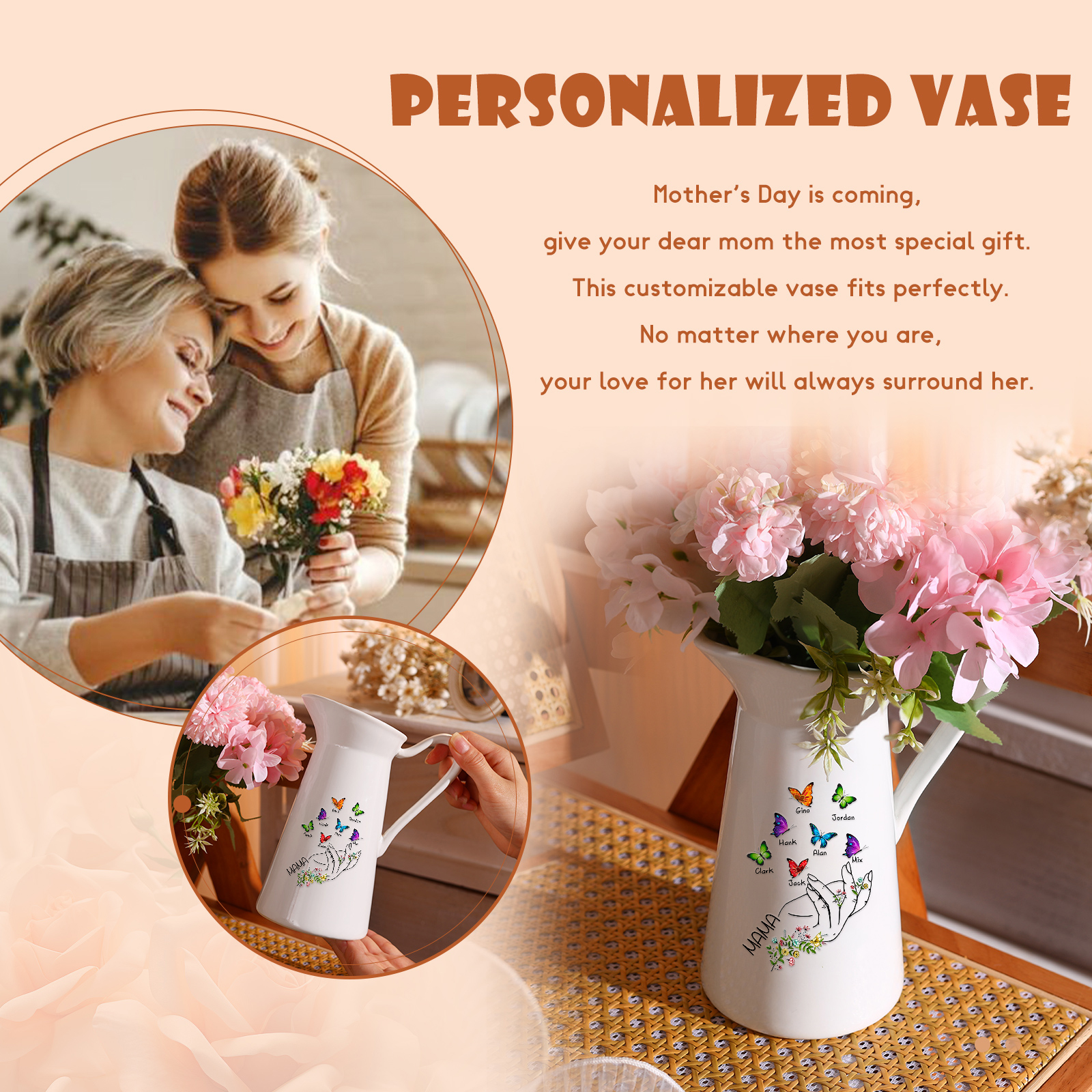 Personalisierte 7 Namen & Text Schmetterling in der Hand Gießvase mit Henkel Familie Vase