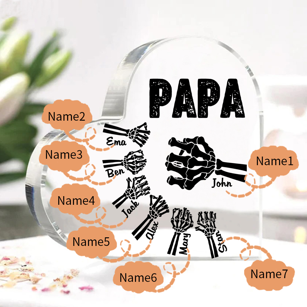 Personalisierte 7 Namen Acryl-Deko Papa Skelett Hand Schreibtischdekoration für Vater