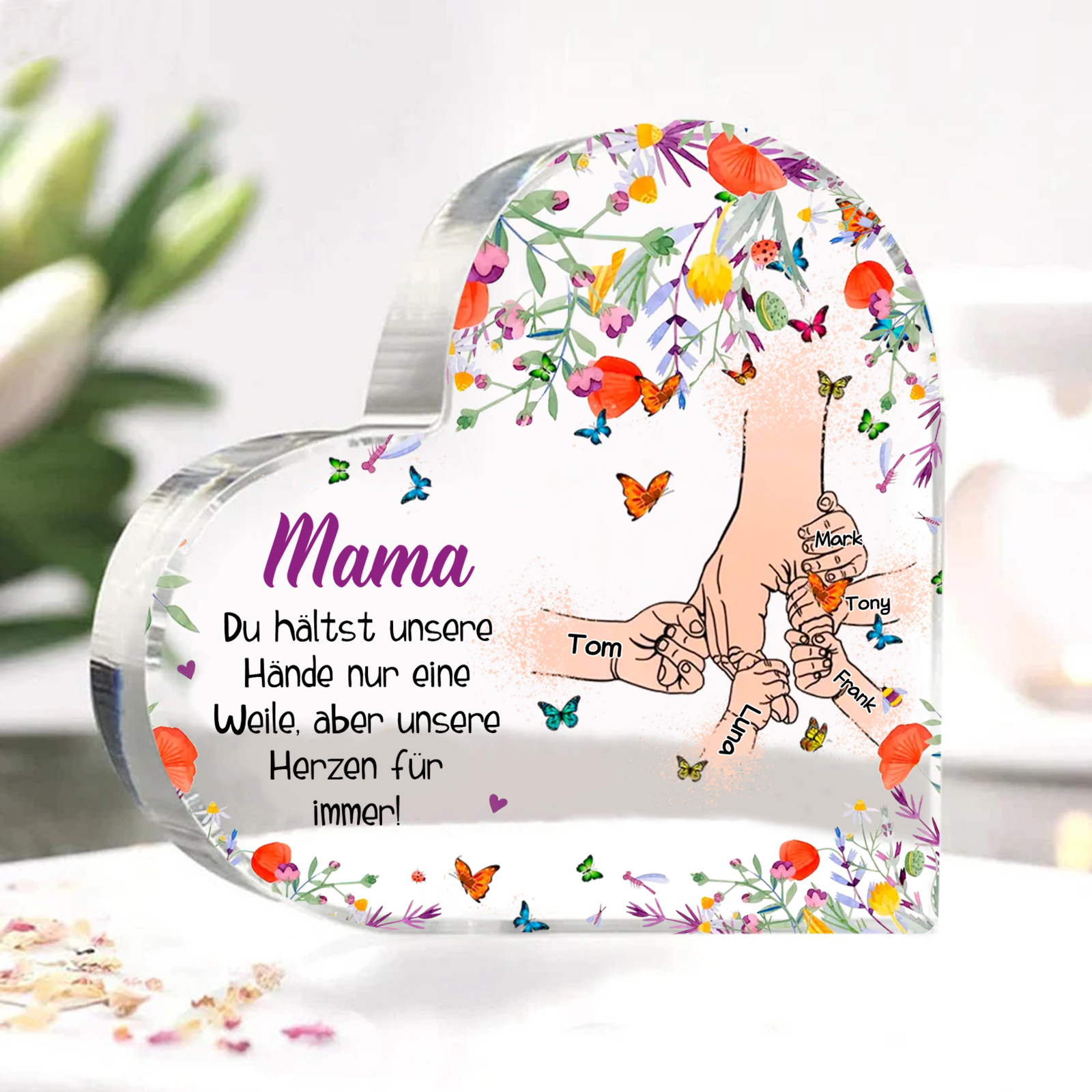 Personalisierte 5 Namen Herz Acryl-Deko -Mama Du hältst mein Hand nur eine Weile, aber unsere Herzen für immer- Schreibtischdekoration für Mutter