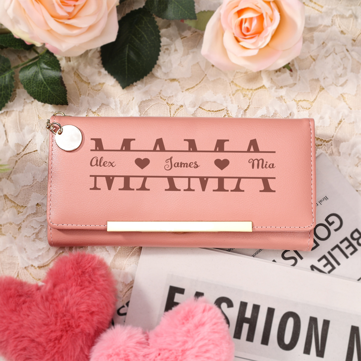 Personalisierte Damen-PU-Geldbörse „Mama“ mit 1–5 Namen – praktisches Geschenk für Mütter