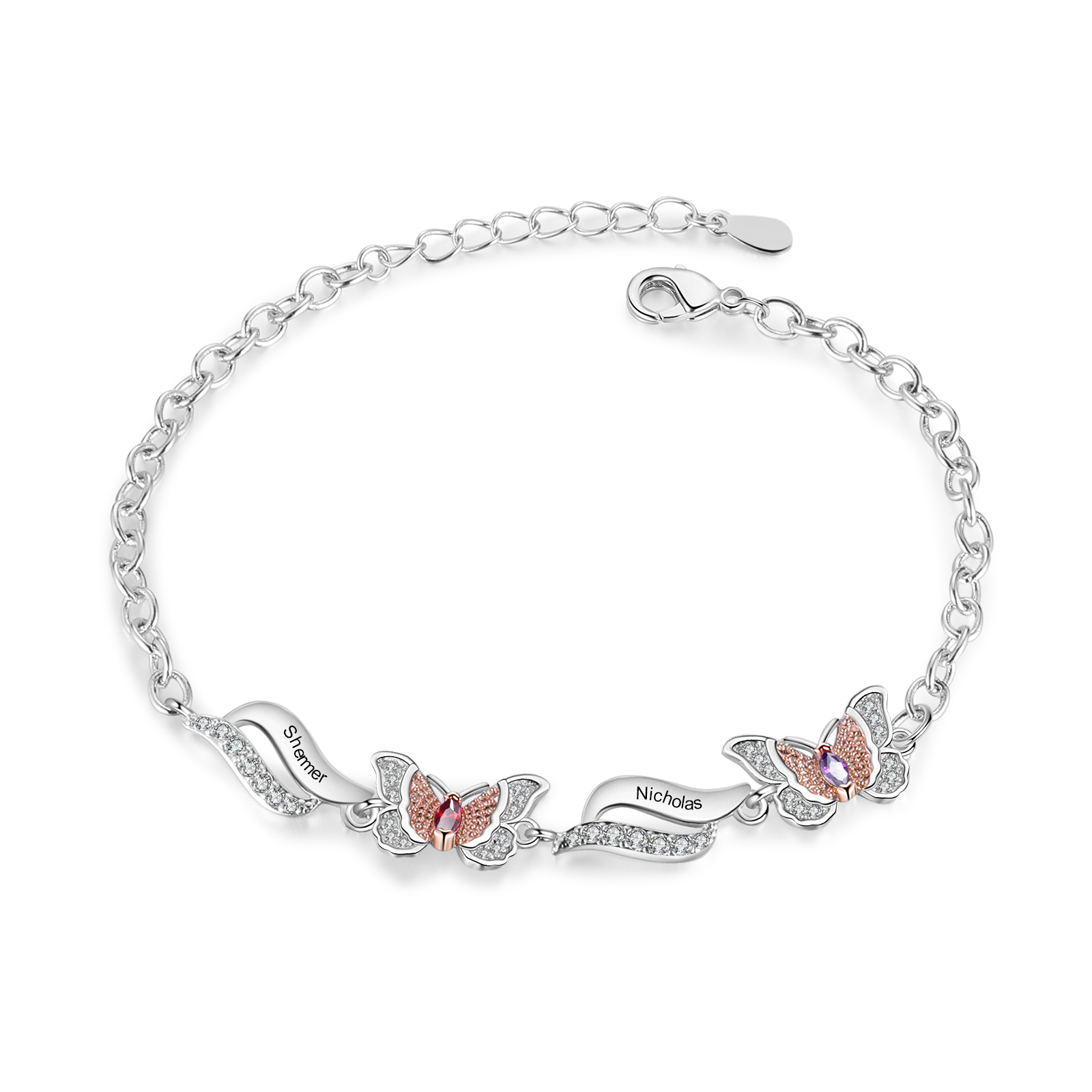 Personalisierte 2 Namen & 2 Geburtssteine Schmetterling Armband mit Zirkonia