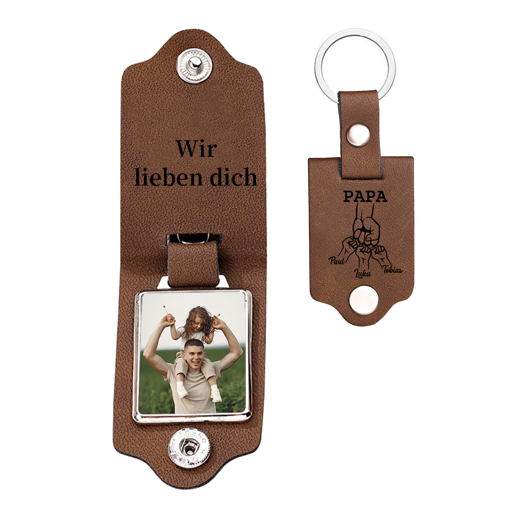 Personalisiertes Foto & Text & 3 Namen Papa Faust Leder Schlüsselanhänger für Vater
