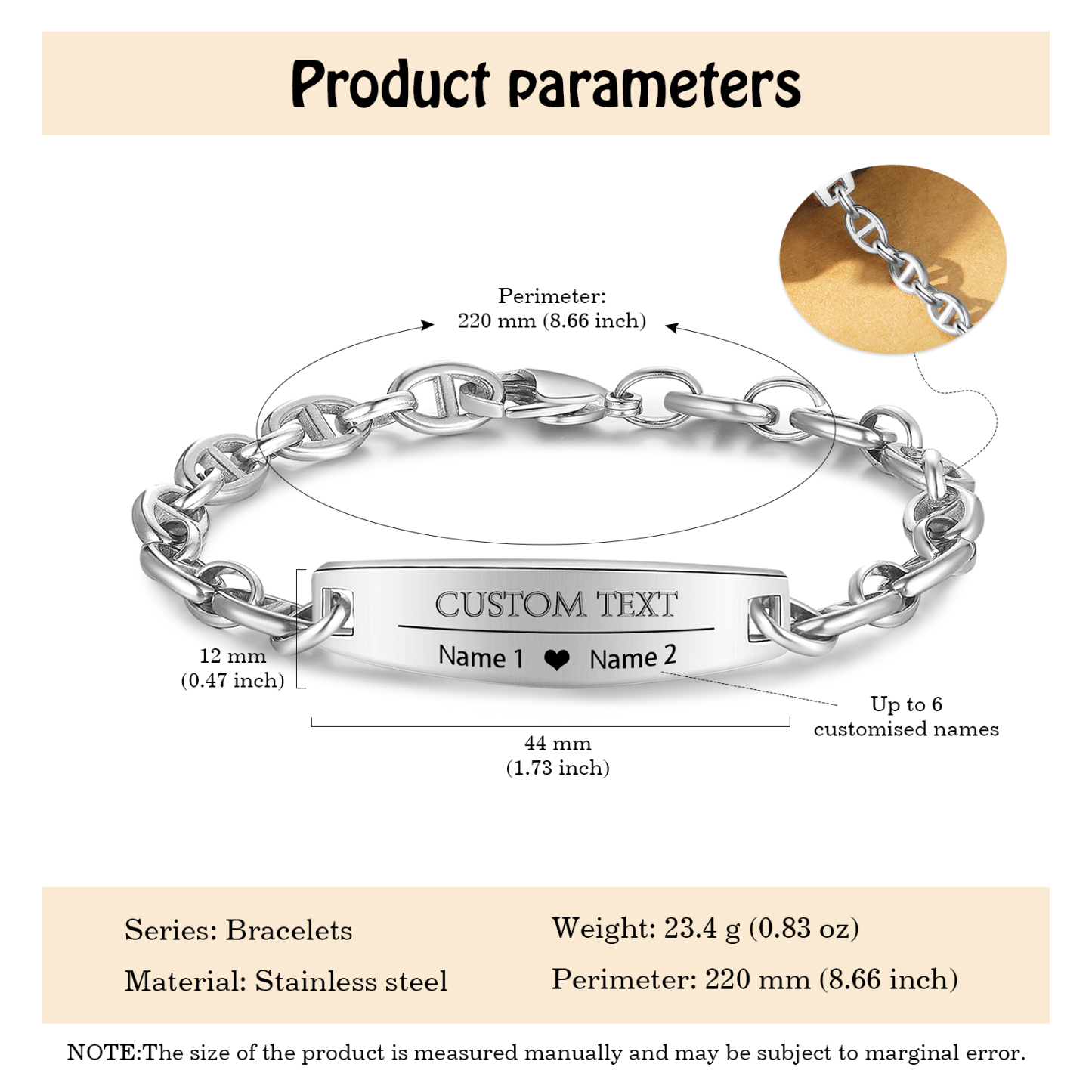 Herren Armband-Personalisiertes 2 Namen & Text Edelstahl Armband 