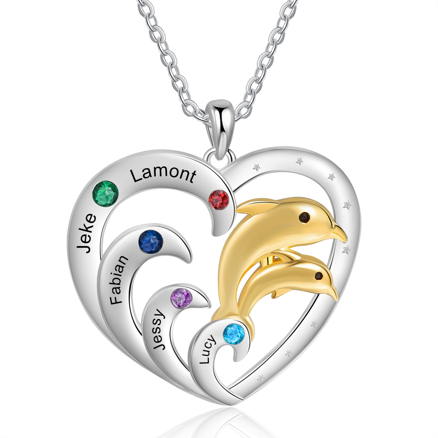 Personalisierte 5 Namen & Geburtsstein Delfin & Delfin & Welle Herz Halskette