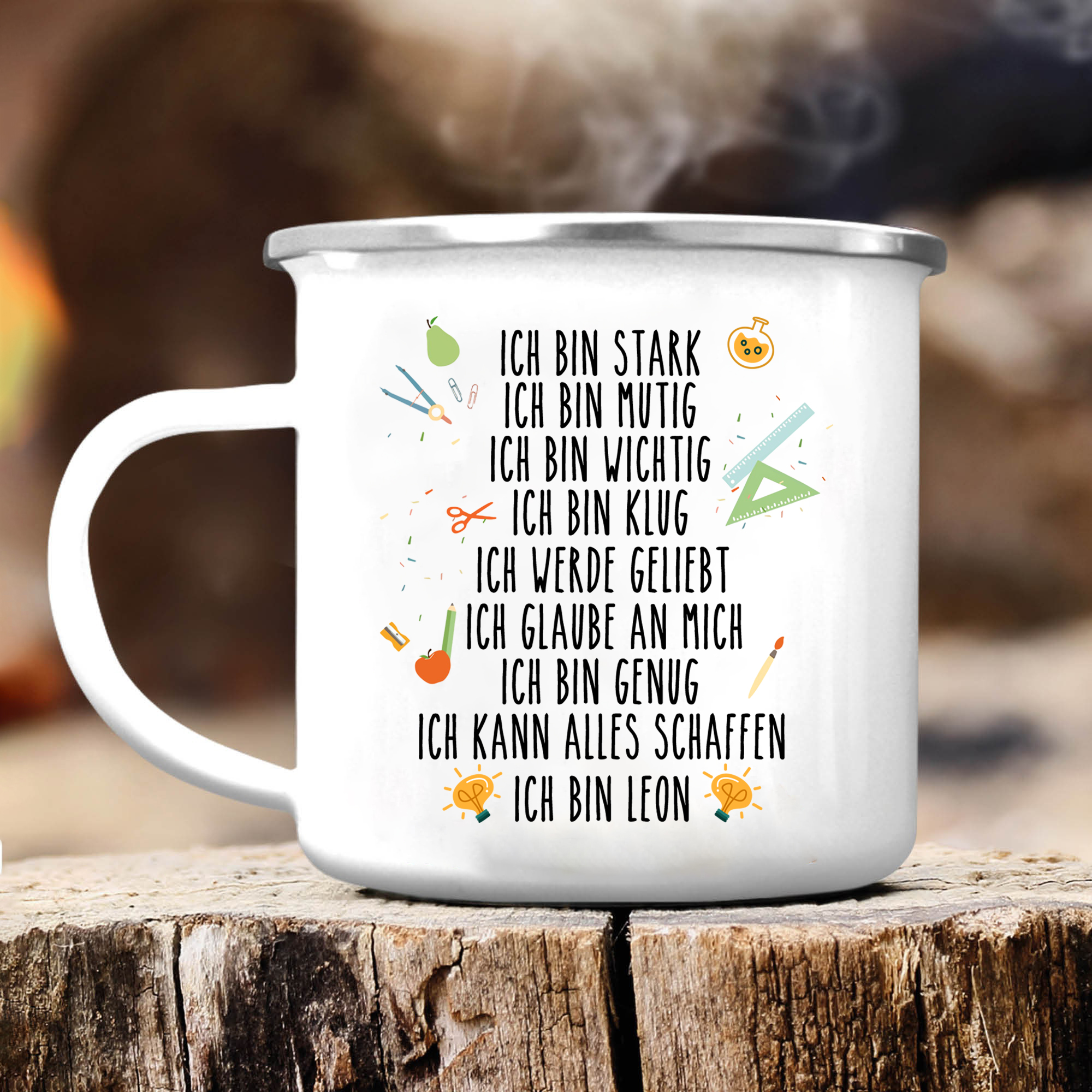 Emaille Tasse-Personalisierter Name Becher -Ich bin stark. Ich kann alles Schaffen - Geschenk zum Schulanfang