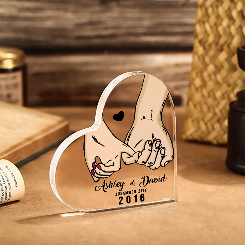 Personalisierte Text & Jahr Acryl-Deko Hand in Hand Schreibtischdekoration für Paar