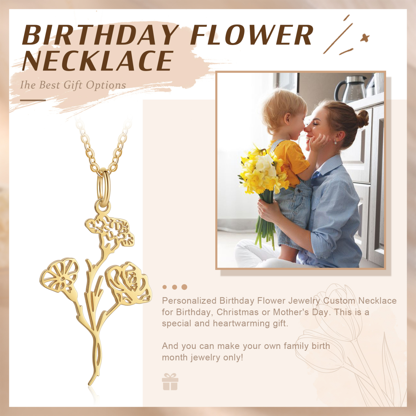 Personalisierte 1-4 Geburtsblumen Halskette - Geburtsblume Serie