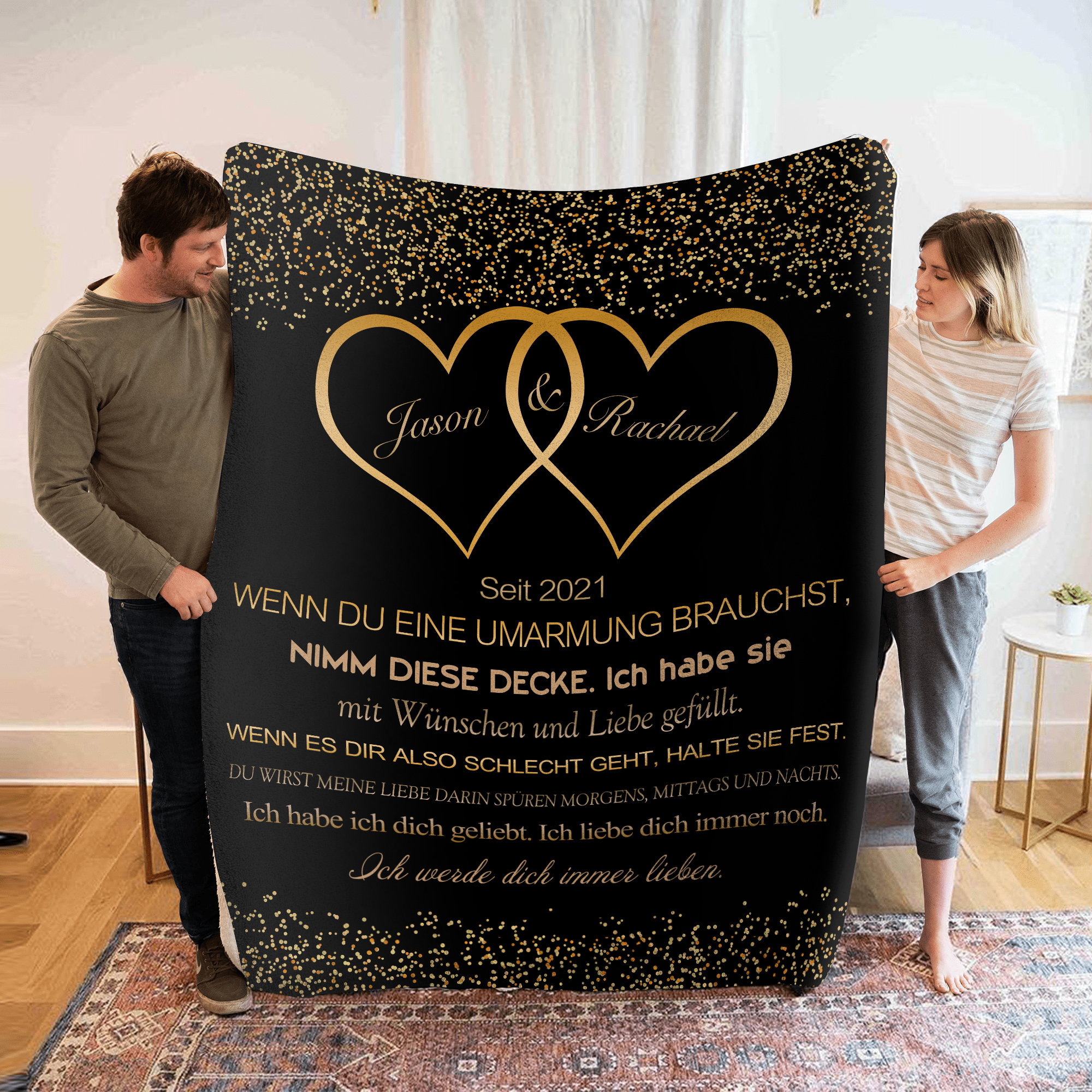 Personalisierte 2 Namen & Text Herz-Ich werde dich immer lieben- Decke Für Paare