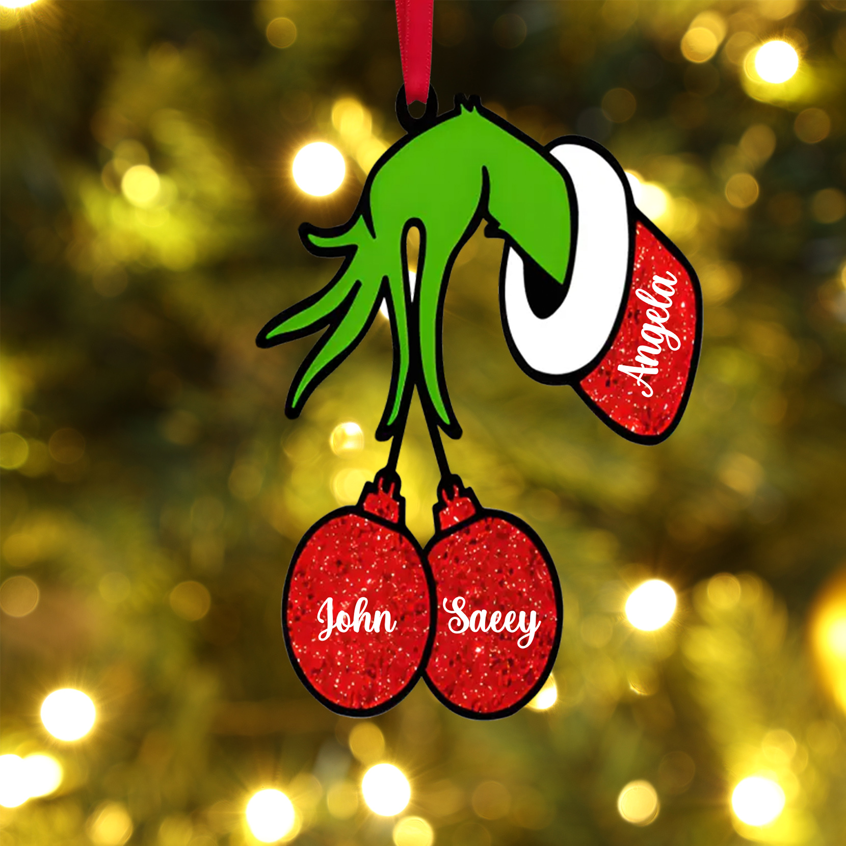 Personalisierte 3 Namen Grinch Weihnachtsornament Weihnachtsbaum Anhänger