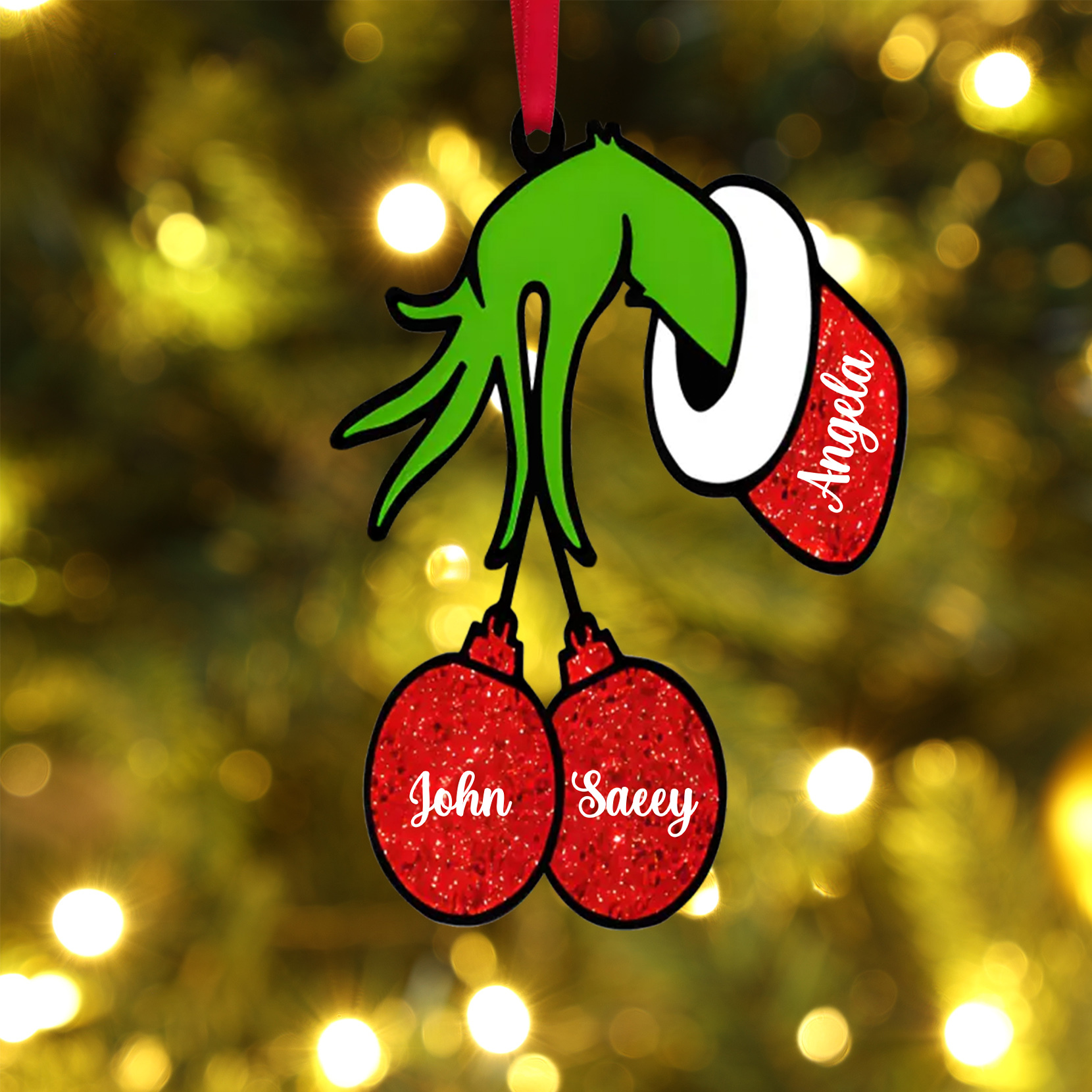 Personalisierte 3 Namen Grinch Weihnachtsornament Weihnachtsbaum Anhänger
