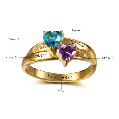 925 Sterling Silber Ring mit 2 Namen und 2 Geburtssteinen mit Gravuren
