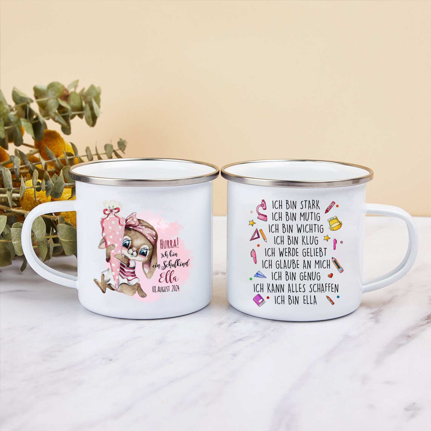 Schulanfang Geschenkset-Personalisierter Name & Datum Hase Emaille Tasse & Personalisierter Name Stifteetui & 3 Gummiband Armbänder Set - Geschenk für Schulkind mit Geschenk Box