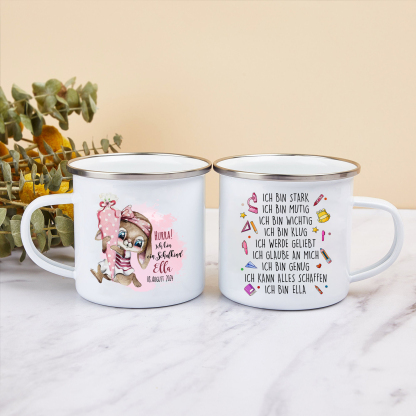 Schulanfang Geschenkset-Personalisierter Name & Datum Hase Emaille Tasse & Personalisierter Name Stifteetui & 3 Gummiband Armbänder Set - Geschenk für Schulkind mit Geschenk Box