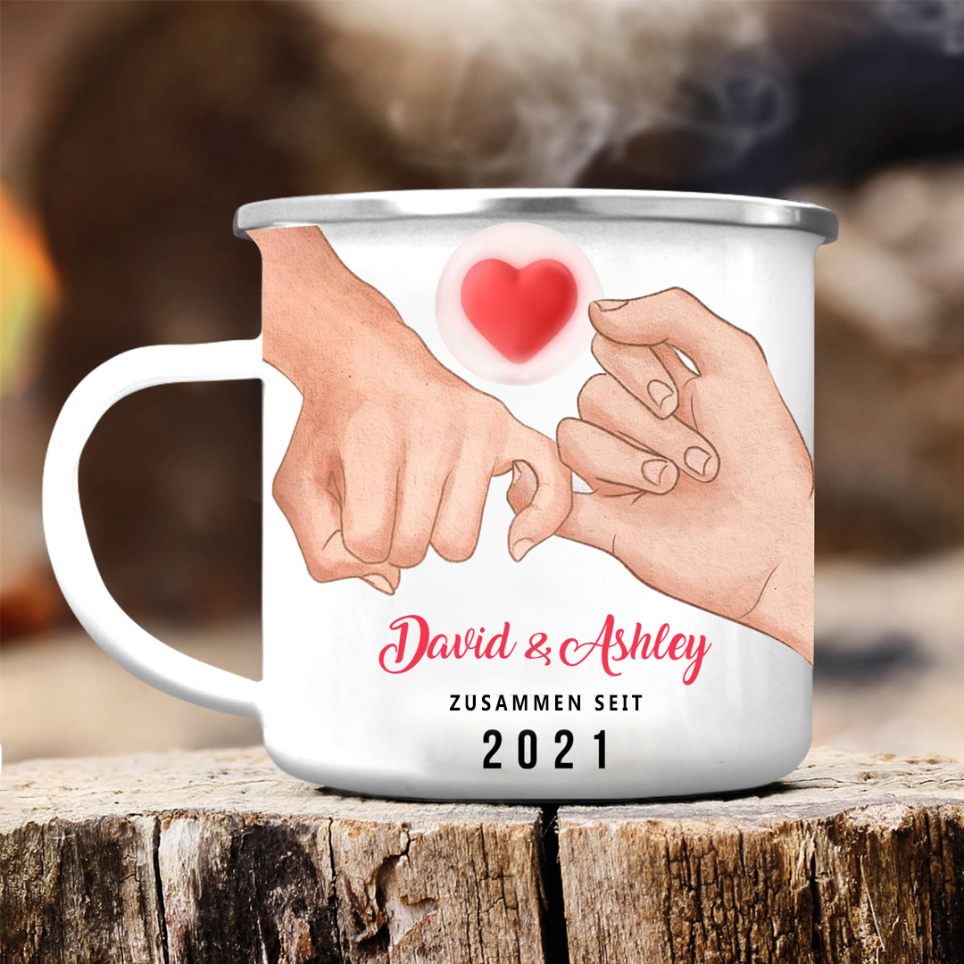 Emaille Tasse-Personalisierte 2 Namen & Text & Jahr Emaille Becher für Paare