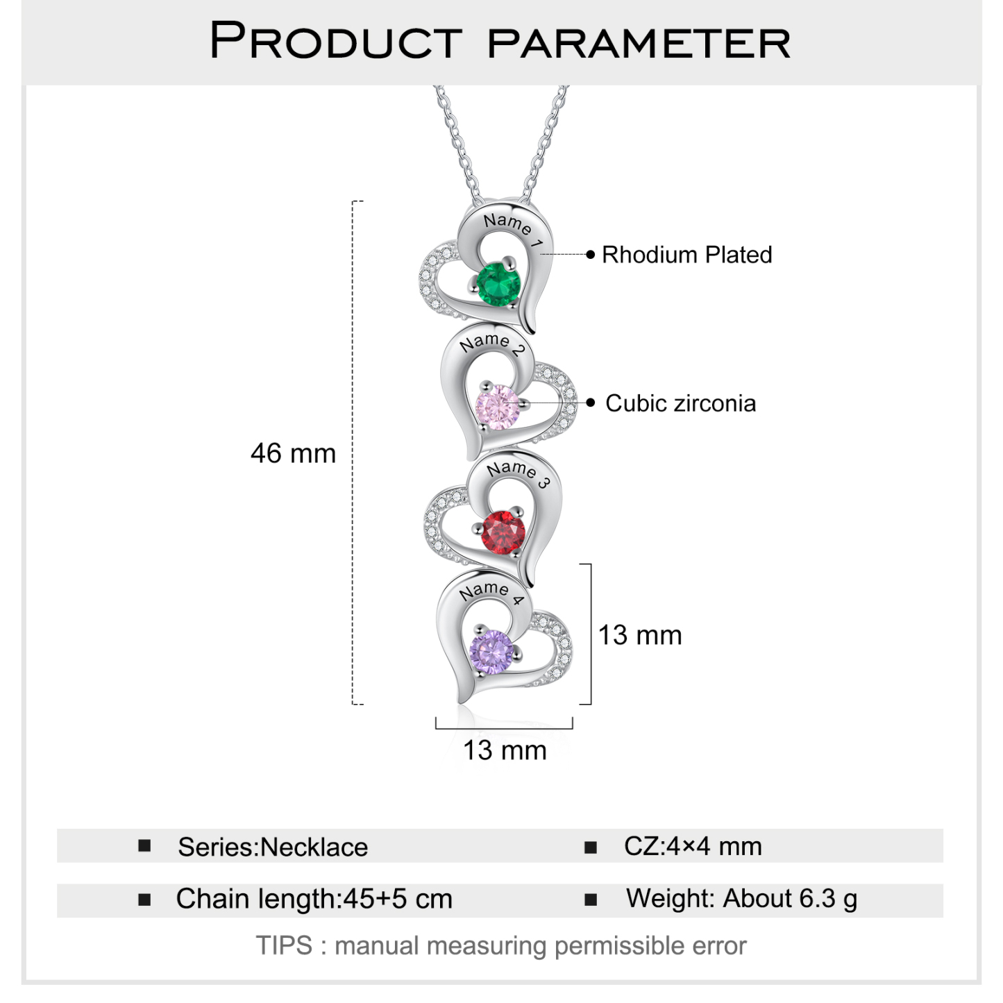 Gravur 4 Namen Liebe Herz Halskette mit 4 Geburtssteinen - Geschenk für Familie