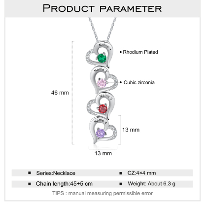 Gravur 4 Namen Liebe Herz Halskette mit 4 Geburtssteinen - Geschenk für Familie