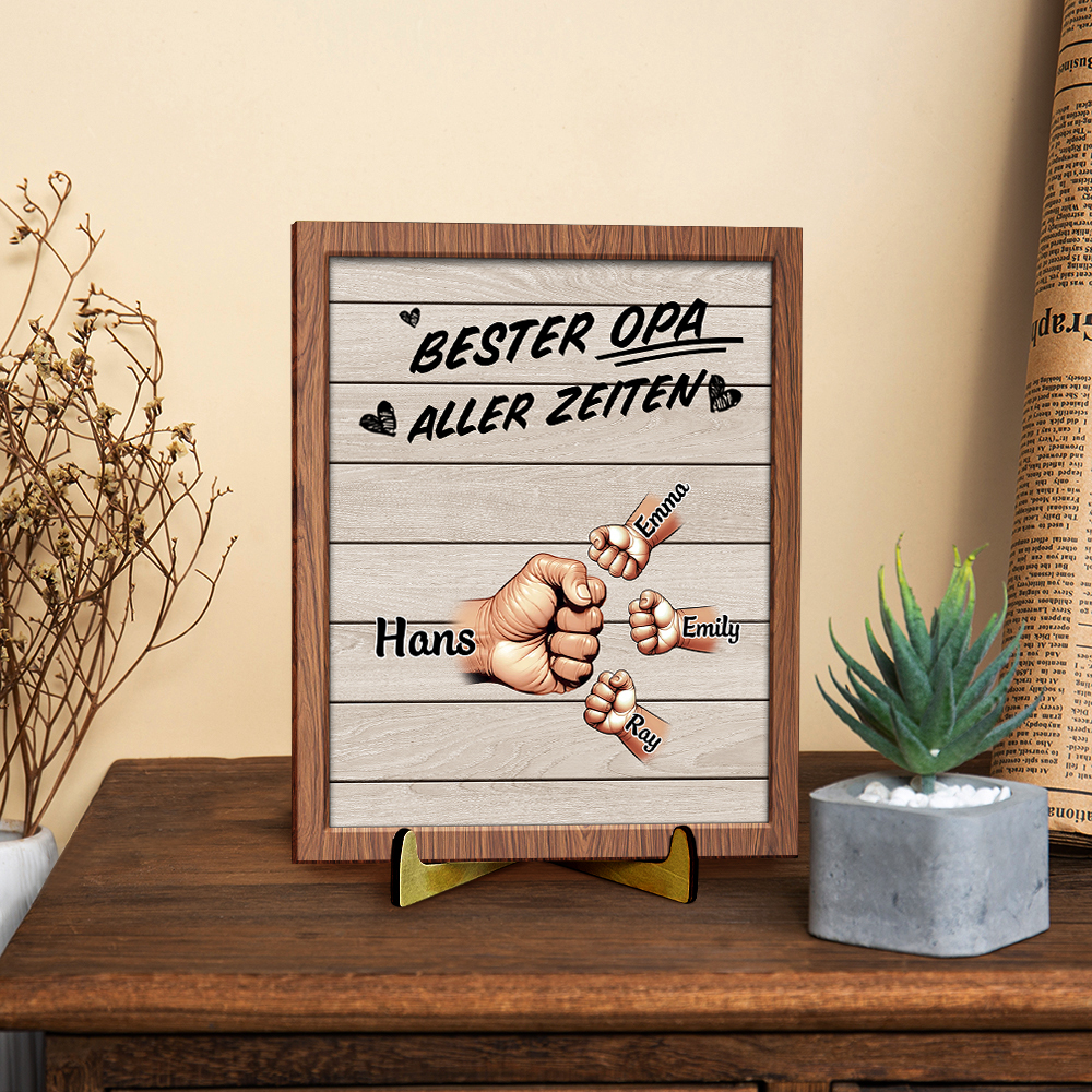 Personalisierte Faustgruß-Plakette – Individuelles Holzschild mit 2-9 Namen, einzigartiges Geschenk für Opa