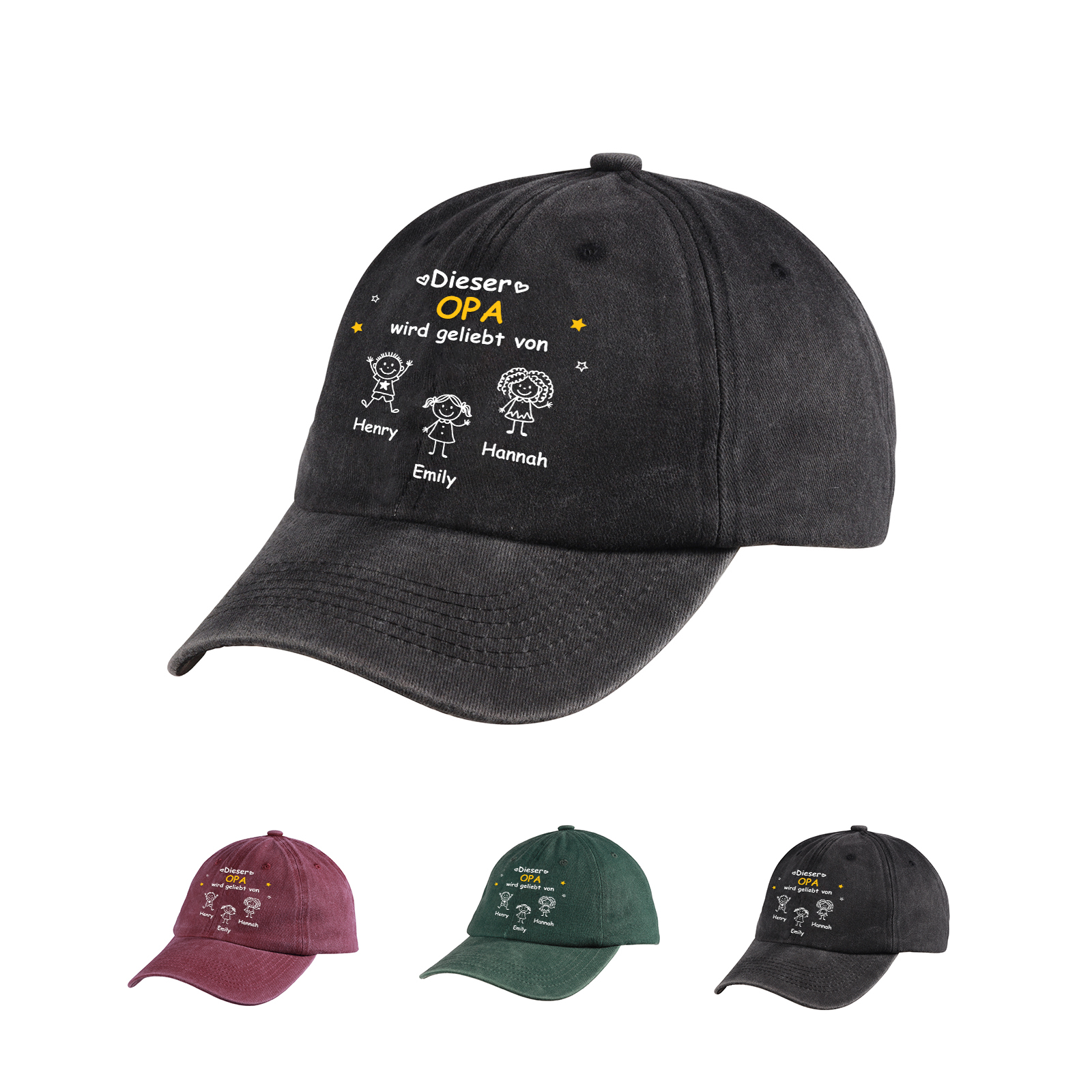 Personalisierte Basecap aus Baumwolle mit 1 bis 10 Namen und Kinderzeichnung