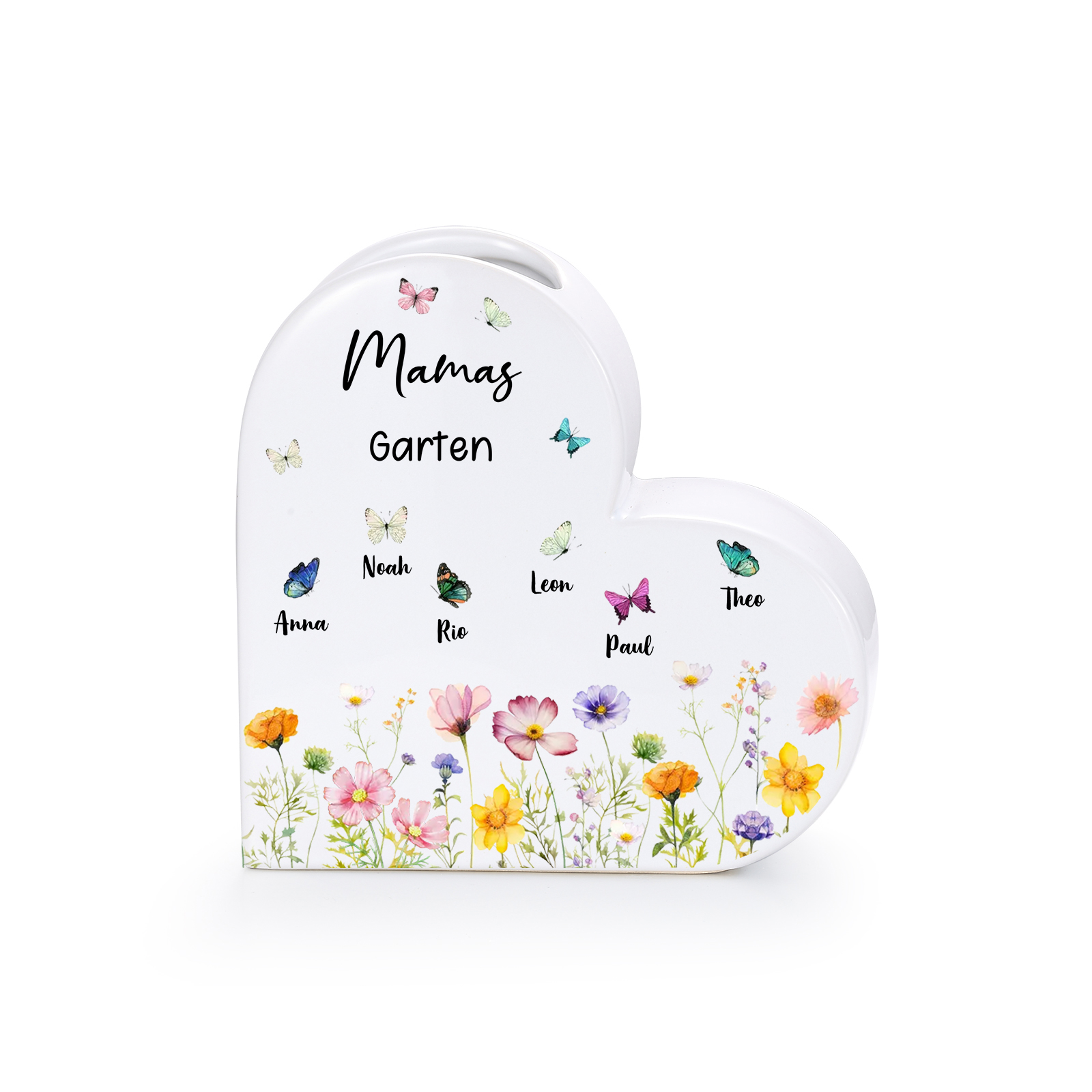 Personalisierte herzförmige Keramikvase mit Blumen- und Schmetterlingsmotiv, personalisiert mit 1–10 Namen